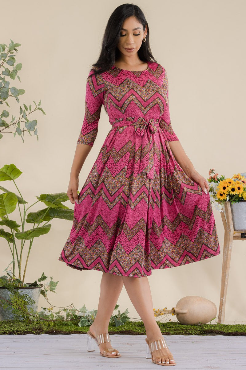 JR779R1-CHEVRON - 3/4 Sleeve Waist Tie Dress
