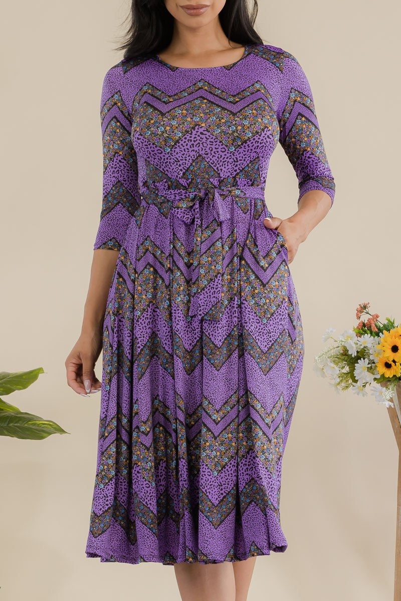 JR779R1-CHEVRON - 3/4 Sleeve Waist Tie Dress