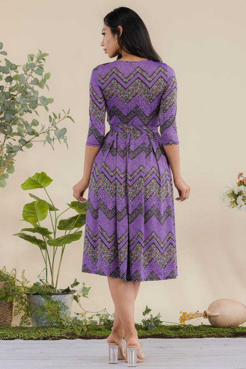 JR779R1-CHEVRON - 3/4 Sleeve Waist Tie Dress