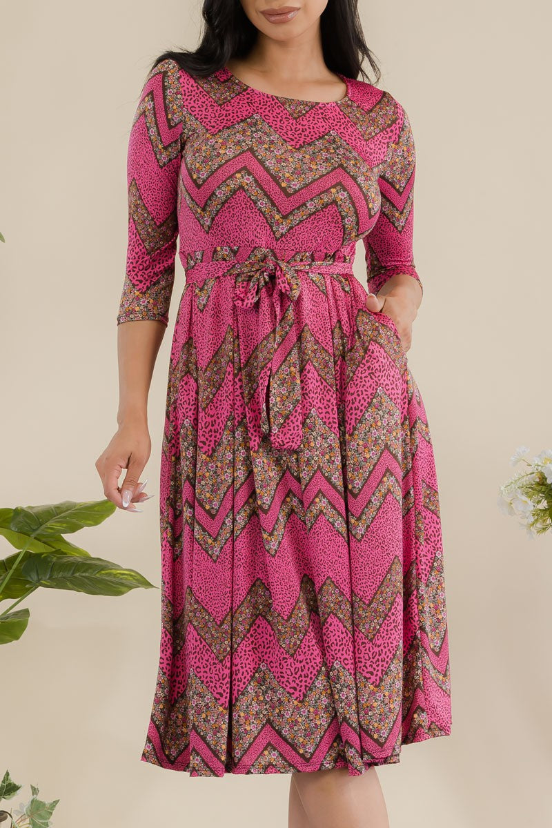 JR779R1-CHEVRON - 3/4 Sleeve Waist Tie Dress