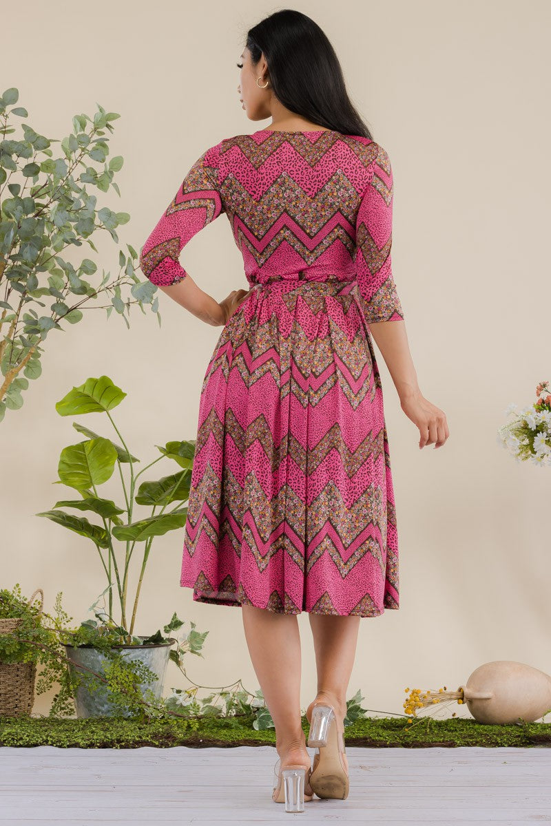 JR779R1-CHEVRON - 3/4 Sleeve Waist Tie Dress