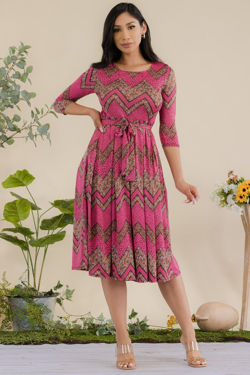 JR779R1-CHEVRON - 3/4 Sleeve Waist Tie Dress