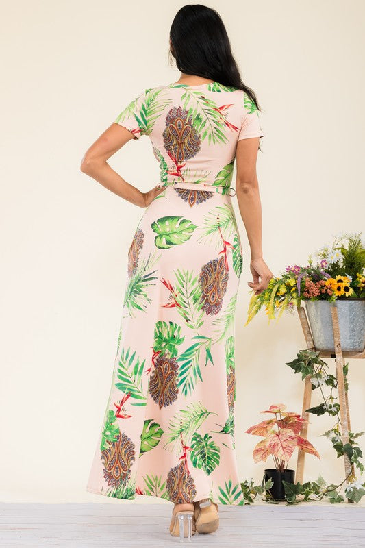 SAN149BR-P3 Tropical Faux Wrap Maxi Dress