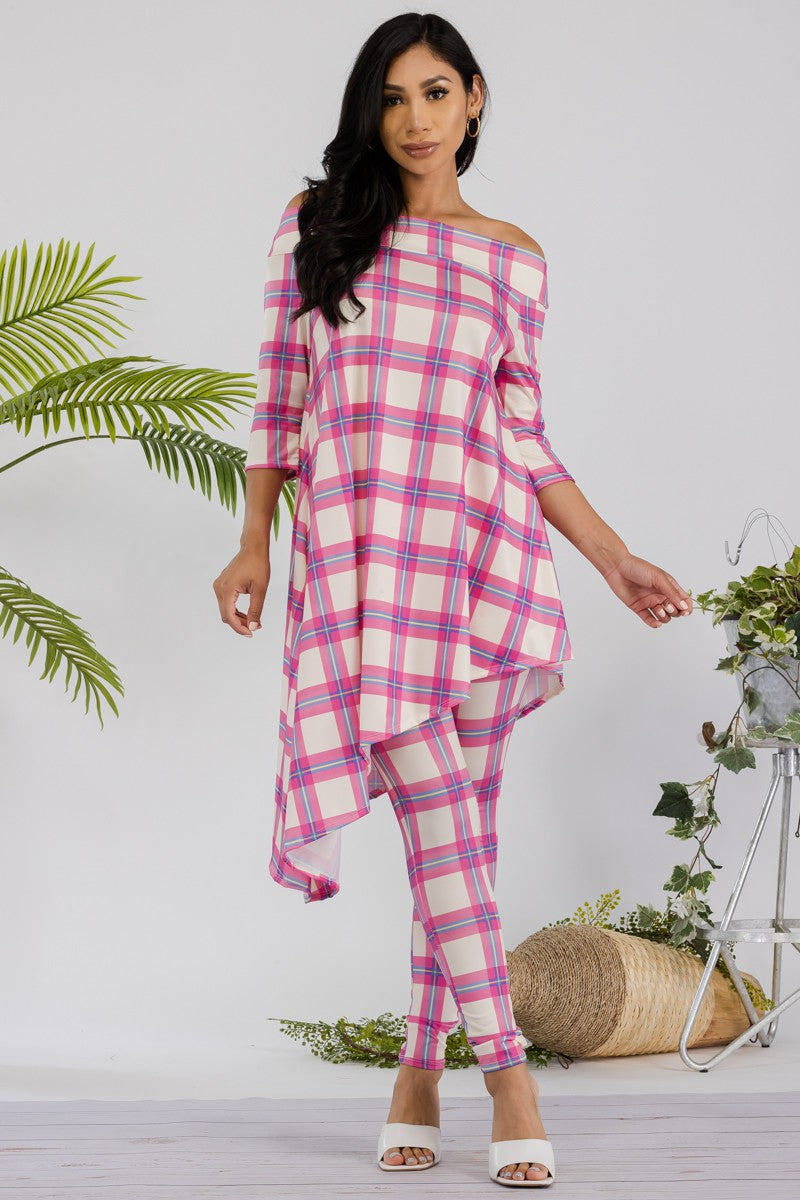 HH690X-PLAID-1 - PLUS SIZE 2 PC OFF SHOULDER TOP AND LEGGING SET