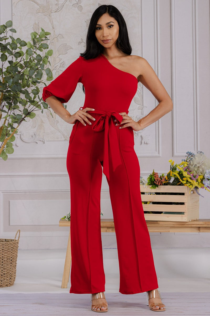 HH667X-SOLID -  ONE SHOULDER JUMPSUIT