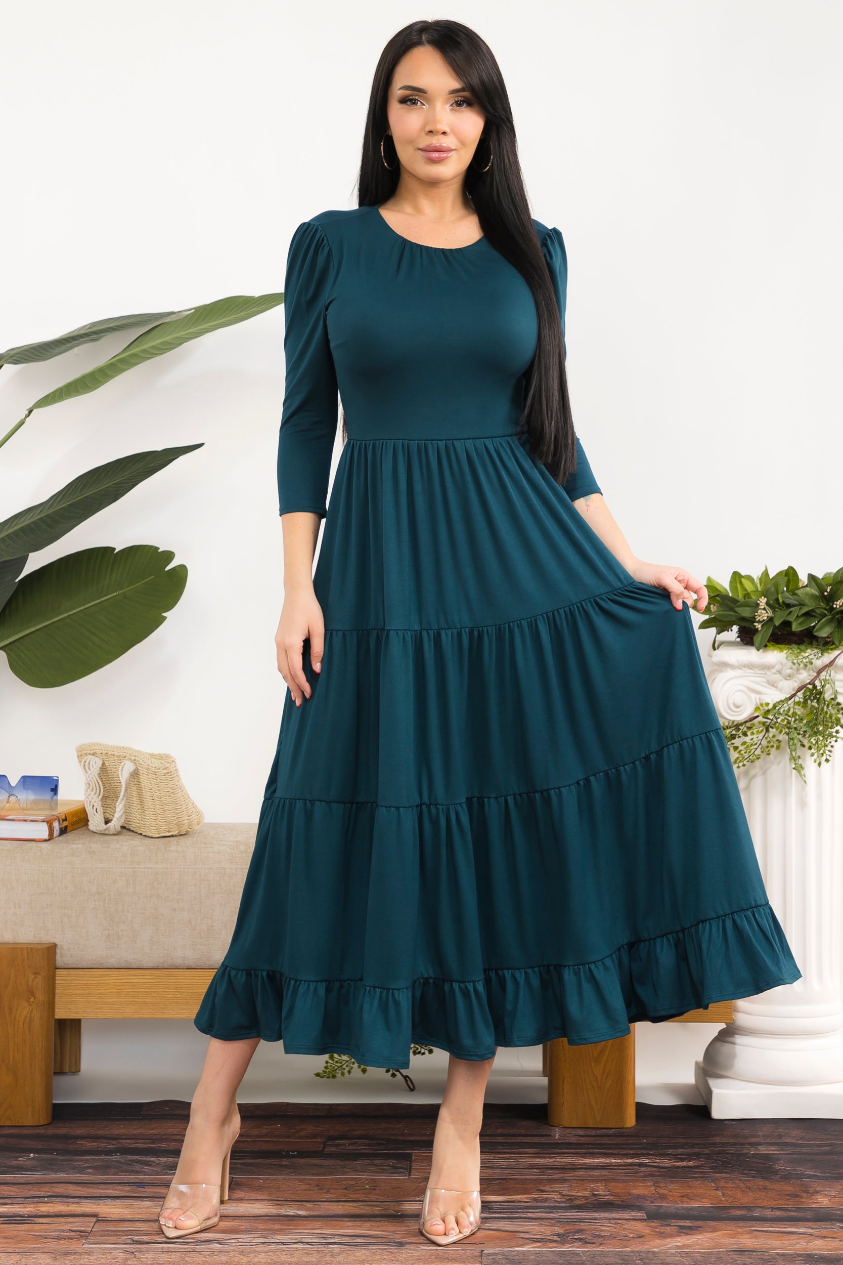 HH791S-R Women's Tiered Midi Dress