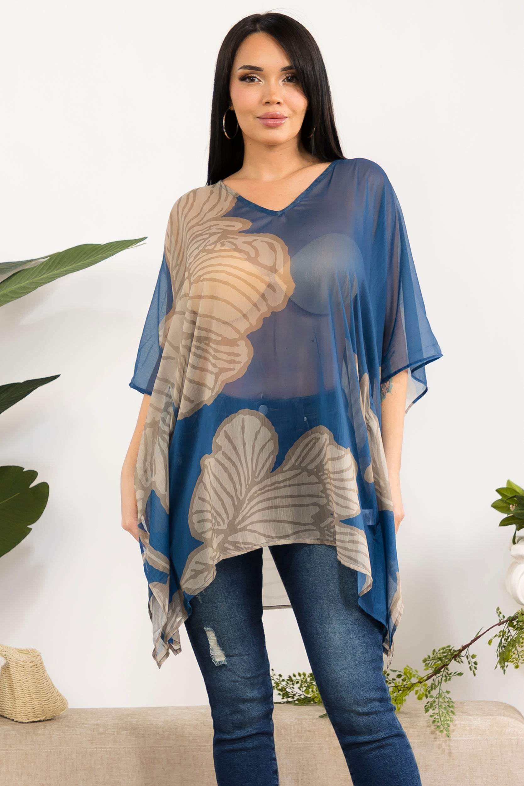 00101 Sheer Floral Chiffon Poncho Top