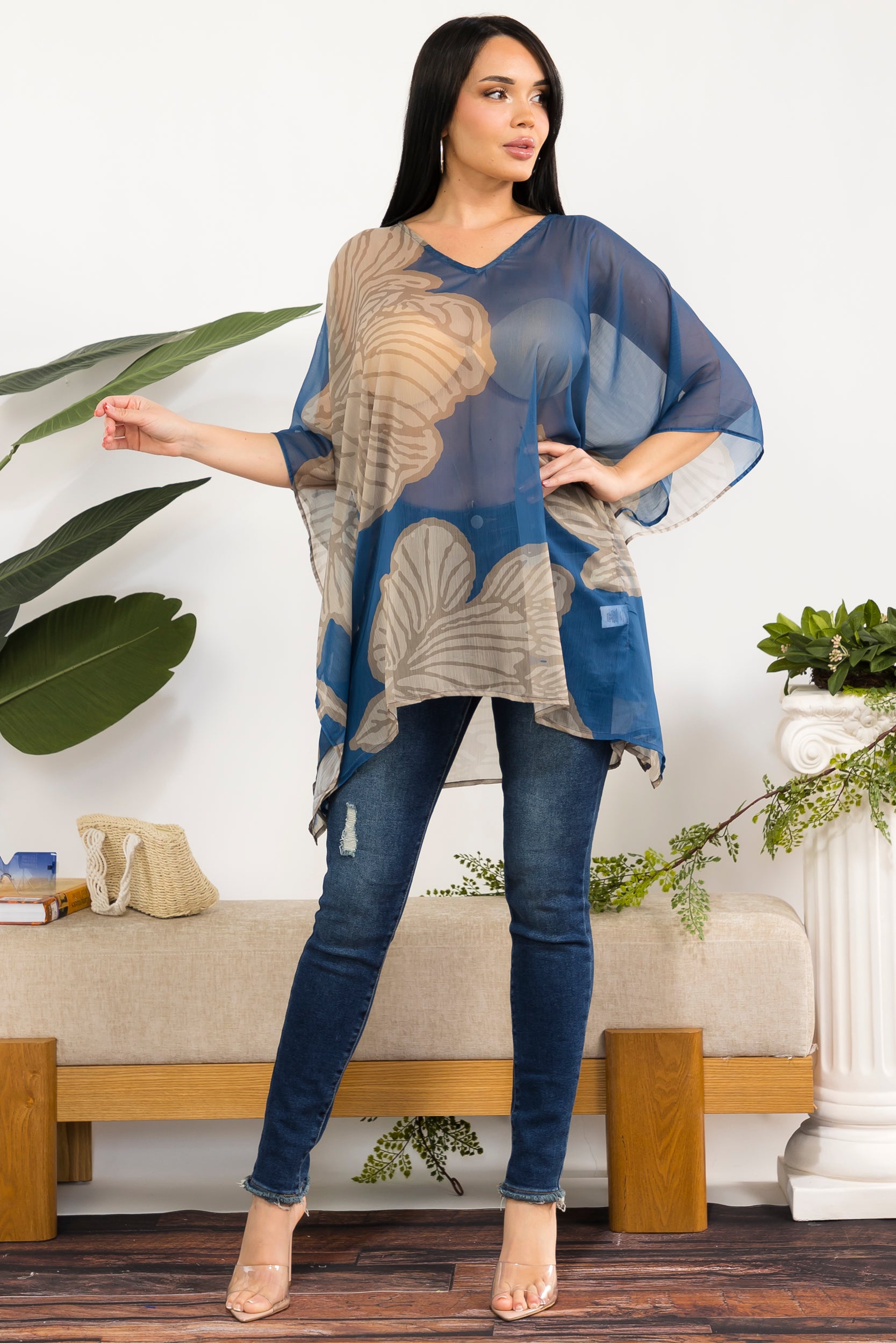 00101 Sheer Floral Chiffon Poncho Top