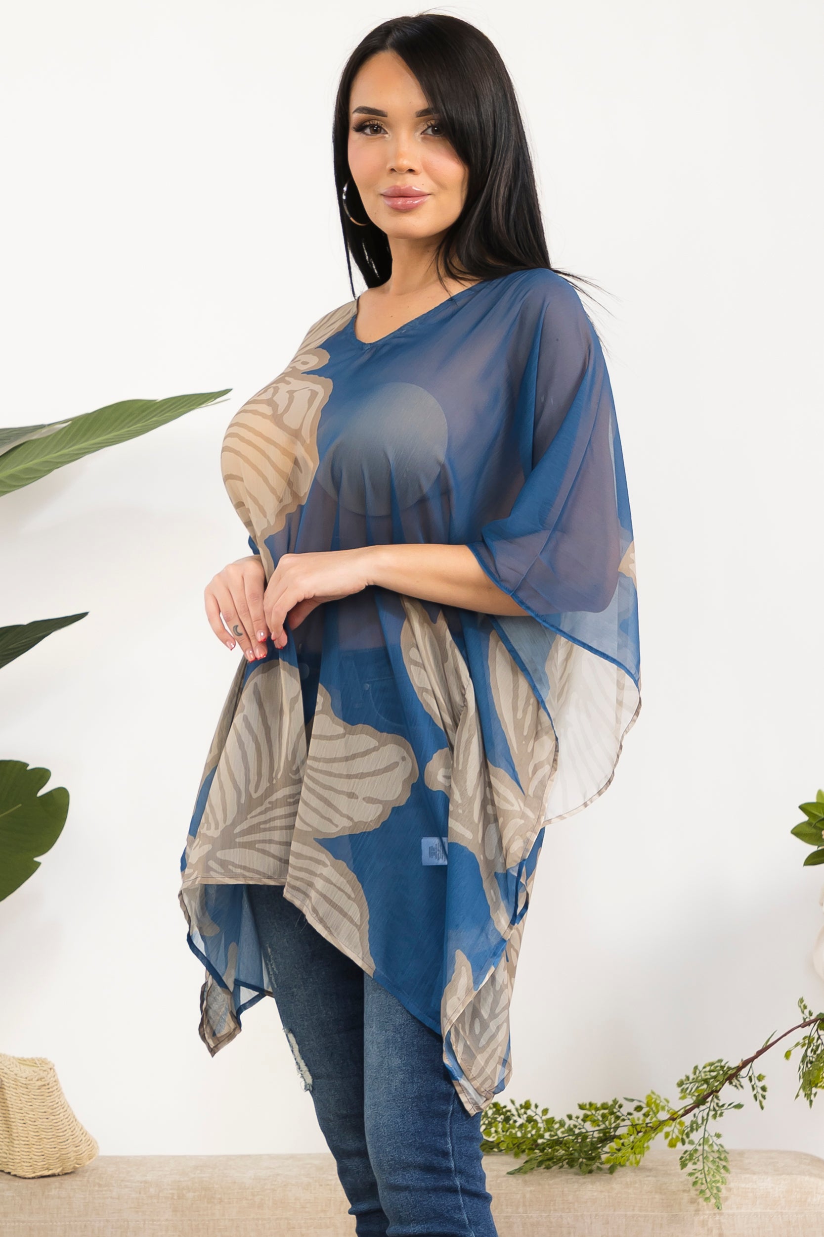 00101 Sheer Floral Chiffon Poncho Top