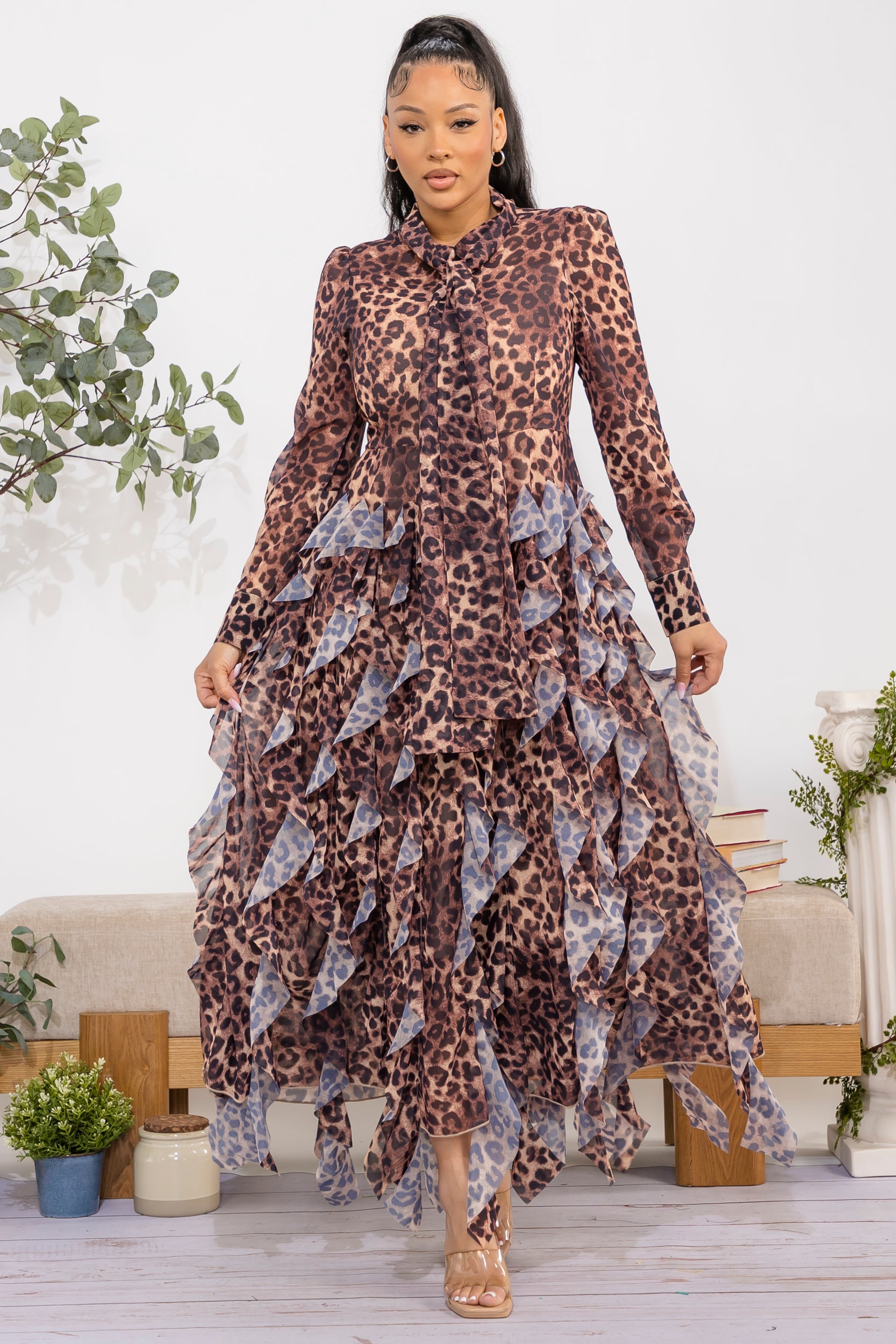 ZB131R-P Animal Print Ruffled Maxi Dress