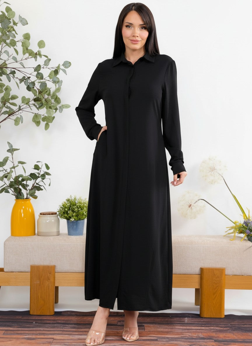 S25658-R Maxi Dress with Buttons, Pockets and Shirt