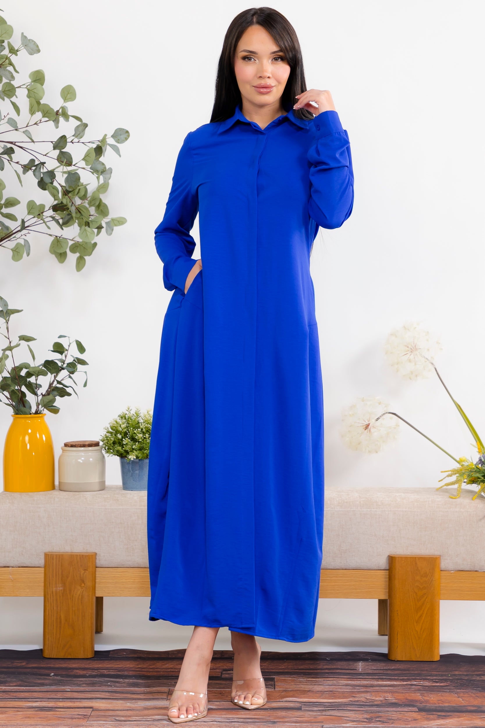 S25658-X Plus Size Maxi Dress with Buttons, Pockets and Shirt