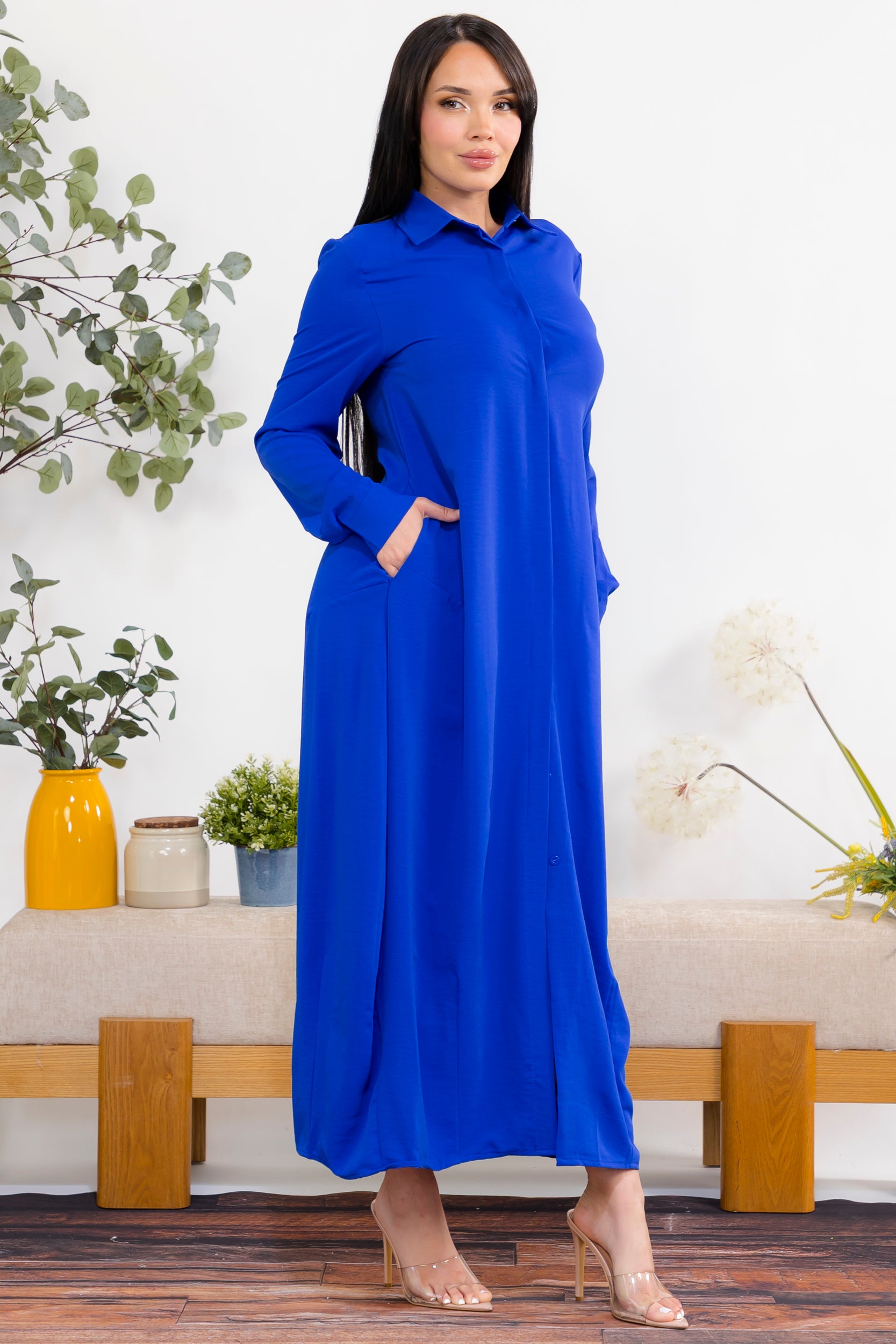 S25658-R Maxi Dress with Buttons, Pockets and Shirt