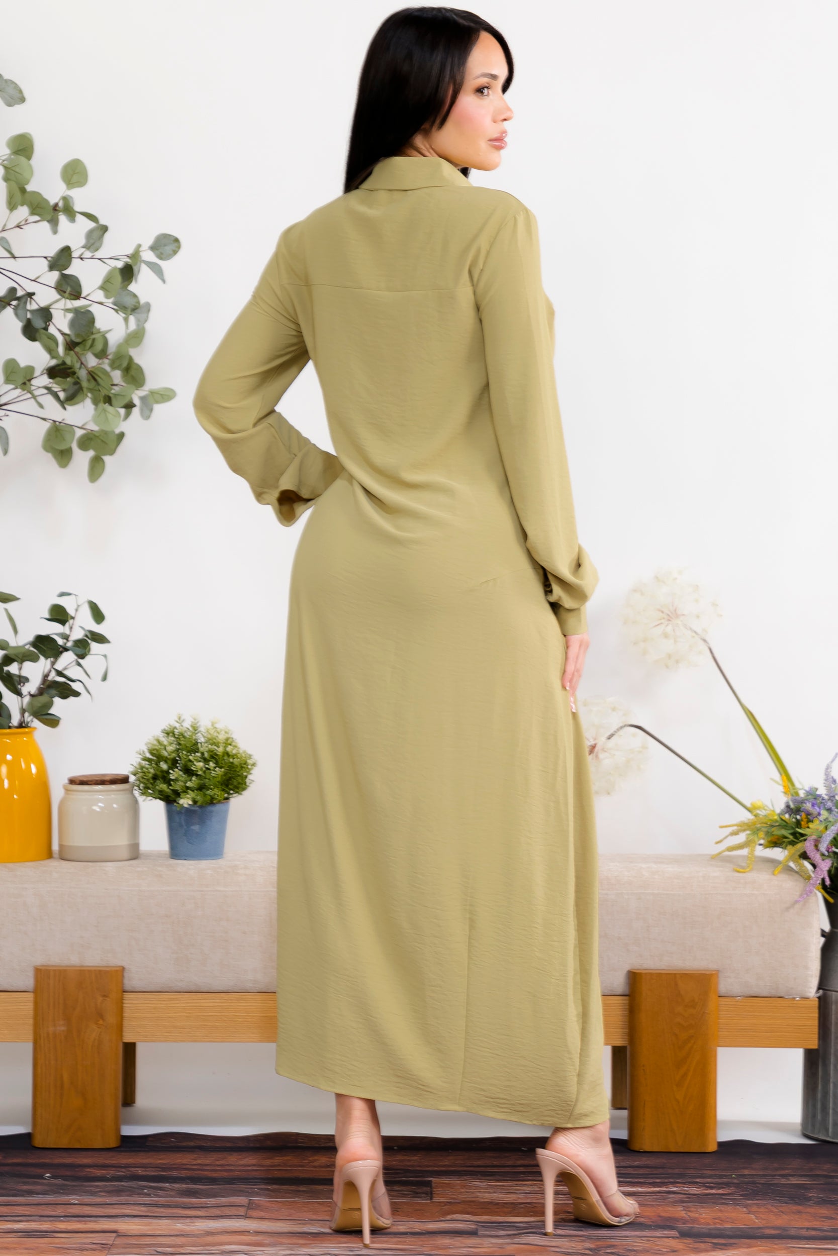 S25658-R Maxi Dress with Buttons, Pockets and Shirt