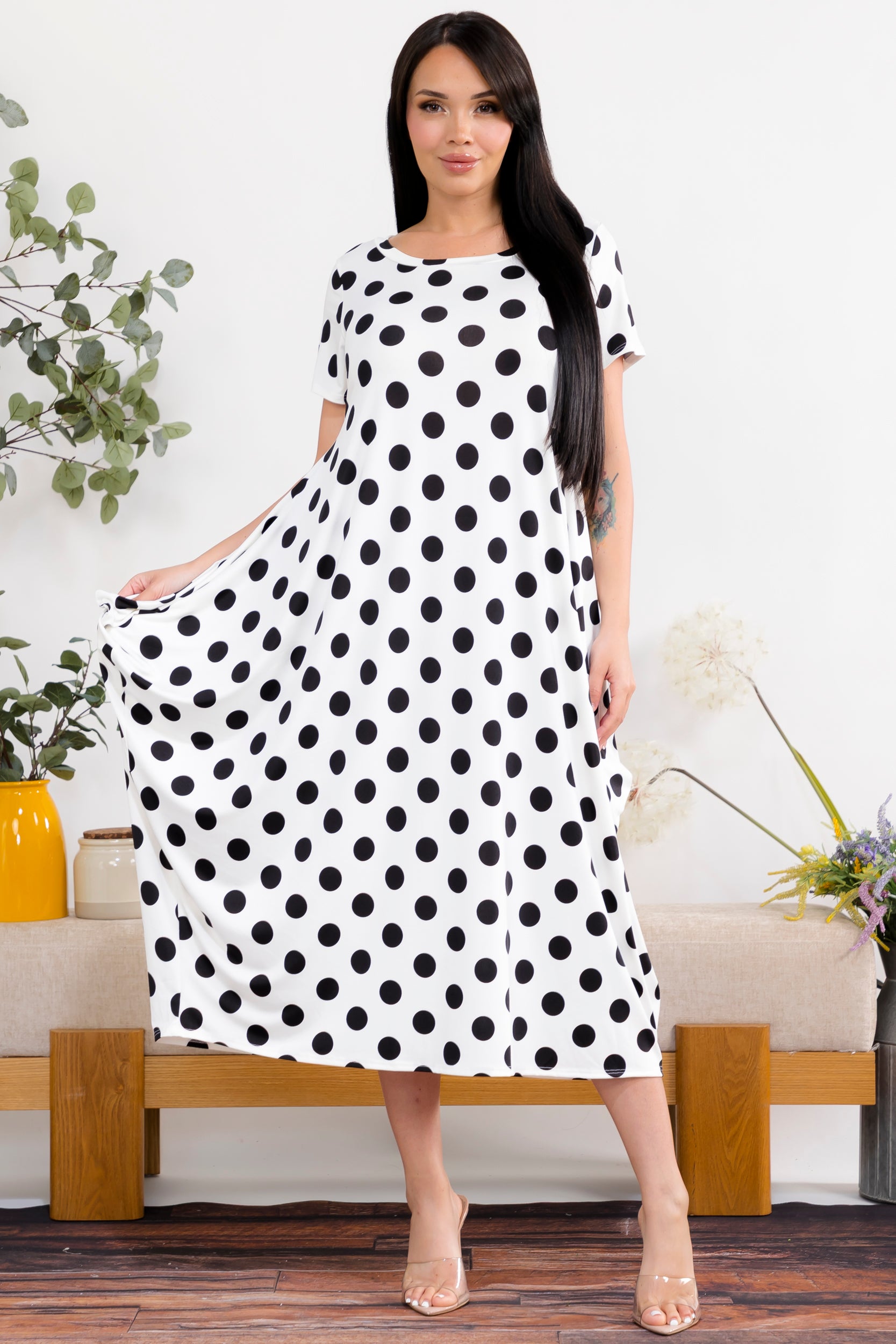 SAN151BR-P6 Polka Dot Relaxed Midi Dress