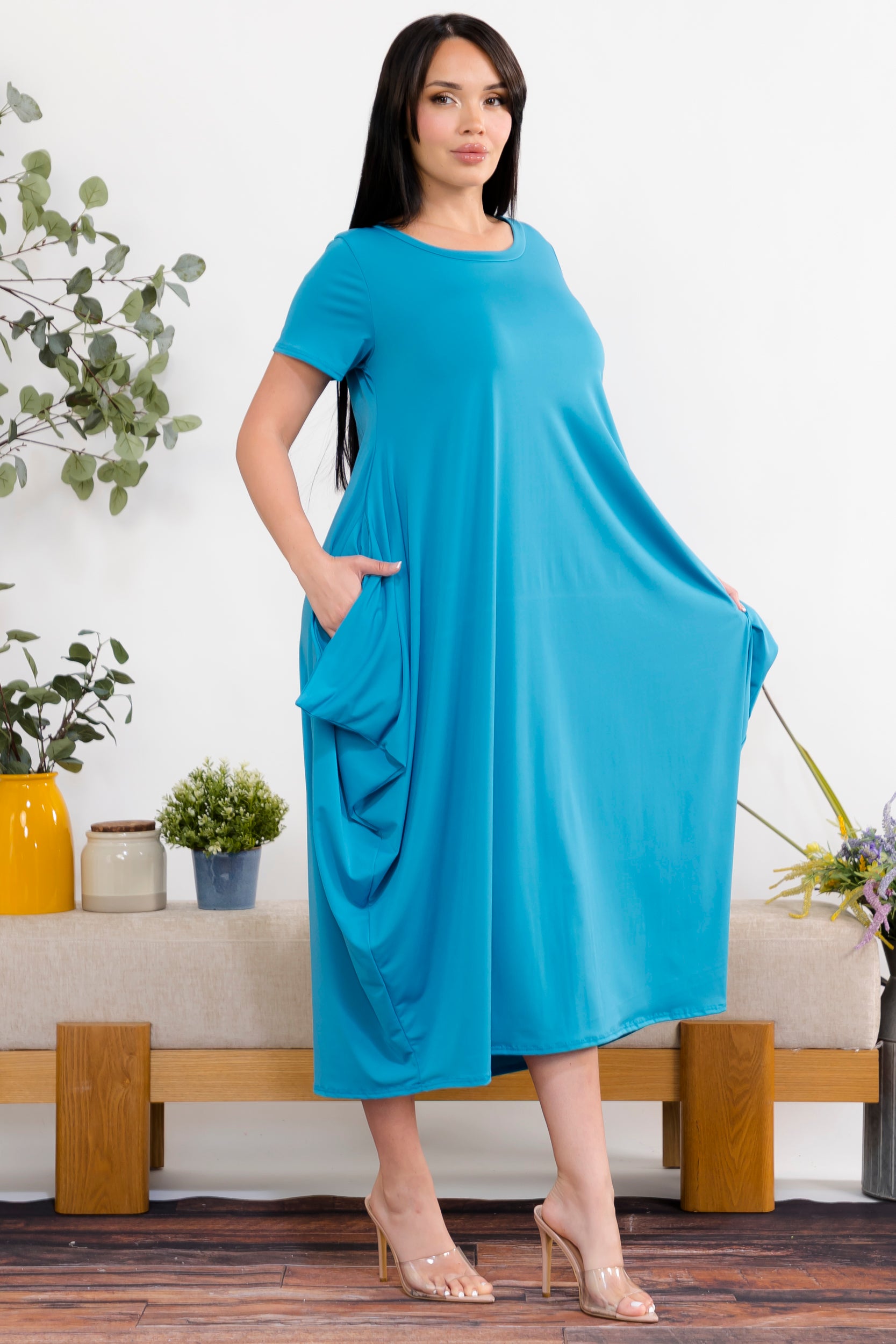 SAN152BX-S Plus Size Relaxed Pocket Detail Oversized Midi Dress