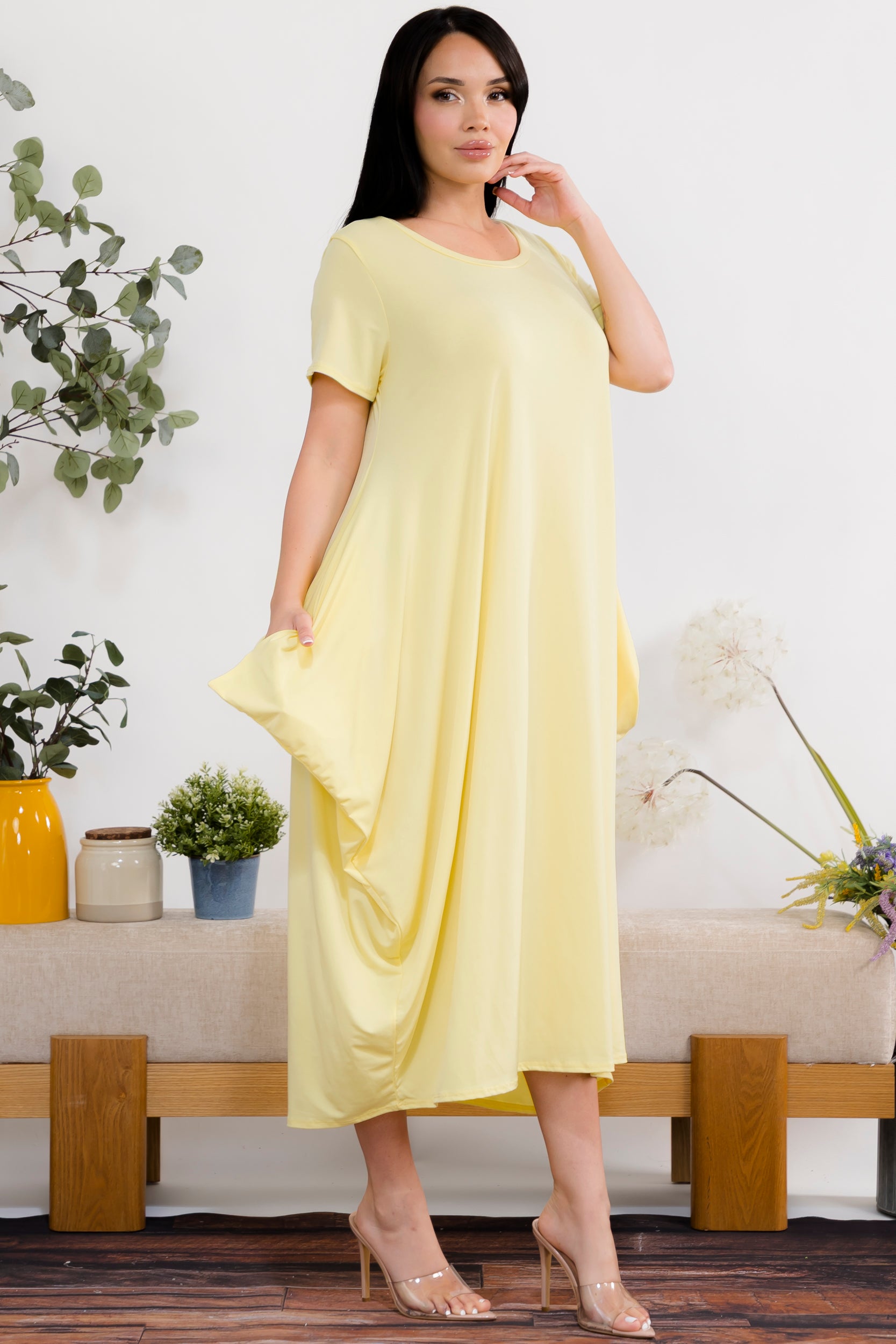 SAN152BX-S Plus Size Relaxed Pocket Detail Oversized Midi Dress