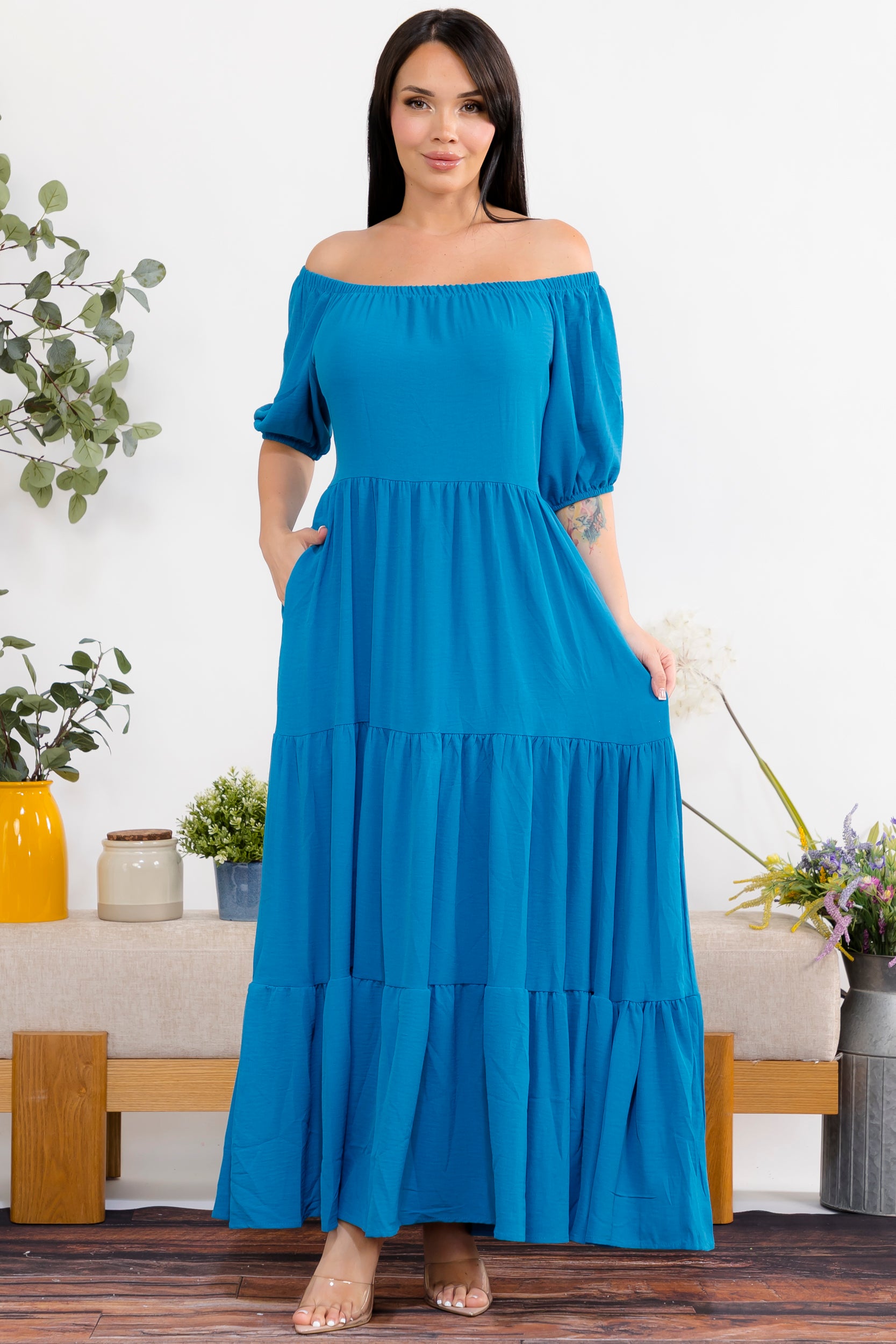 S25659 Off-Shoulder Tiered Maxi Dress