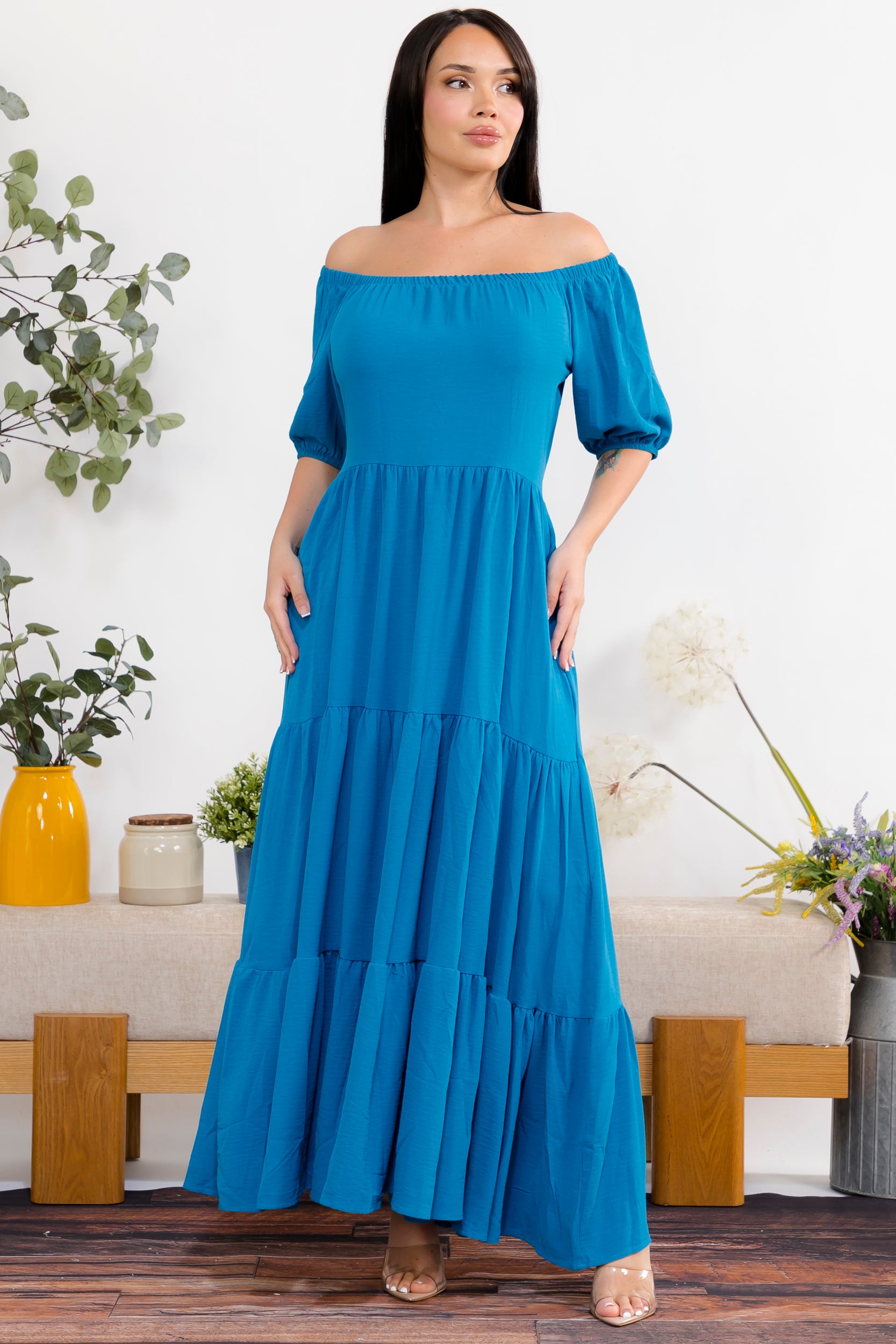 S25659 Off-Shoulder Tiered Maxi Dress