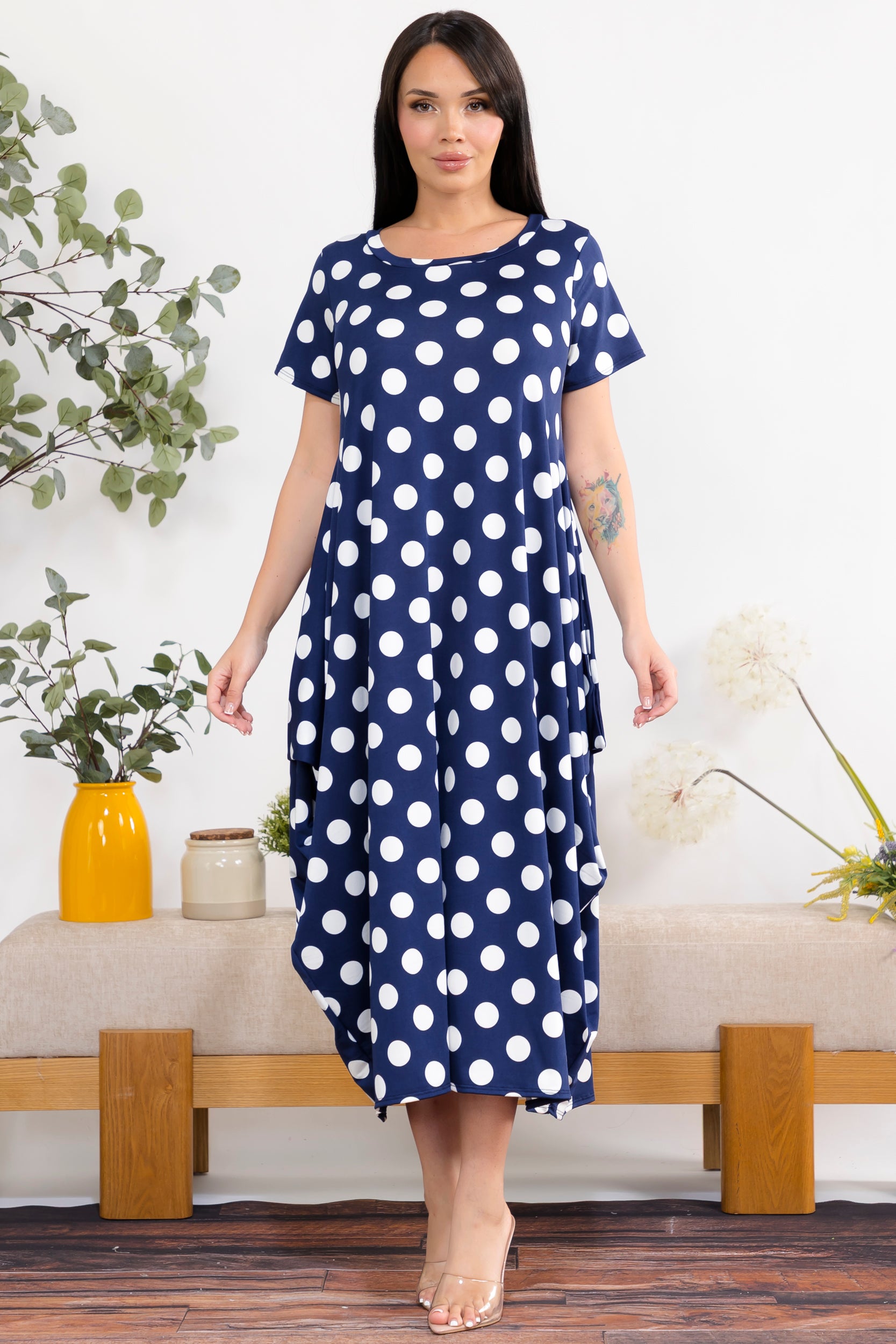 SAN151BX-P6 Plus Size Polka Dot Relaxed Midi Dress