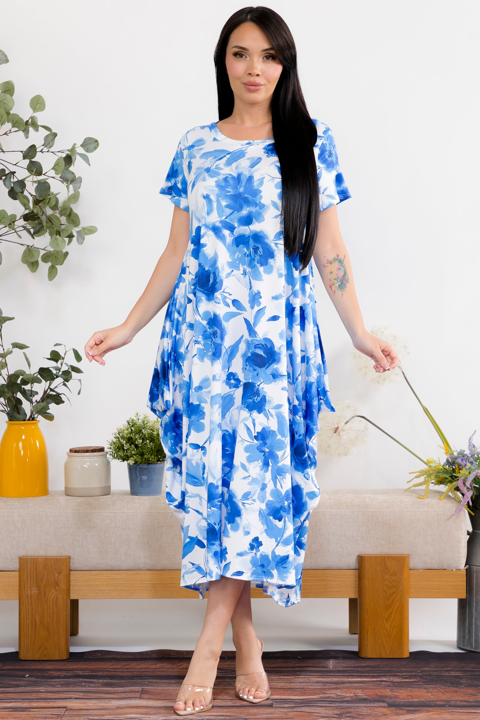 SAN151BR-P9 Flower Print Relaxed Midi Dress