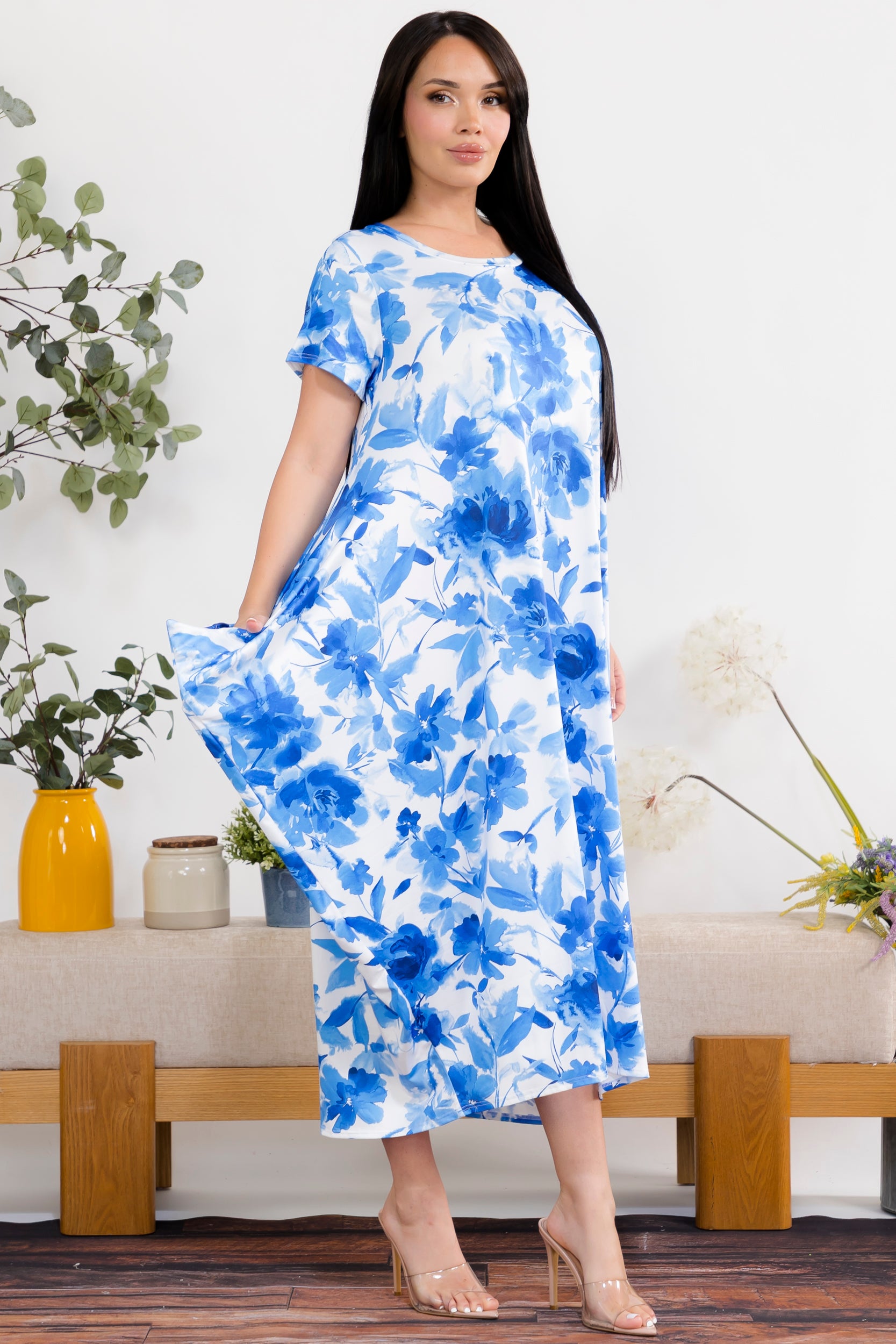 SAN151BR-P9 Flower Print Relaxed Midi Dress