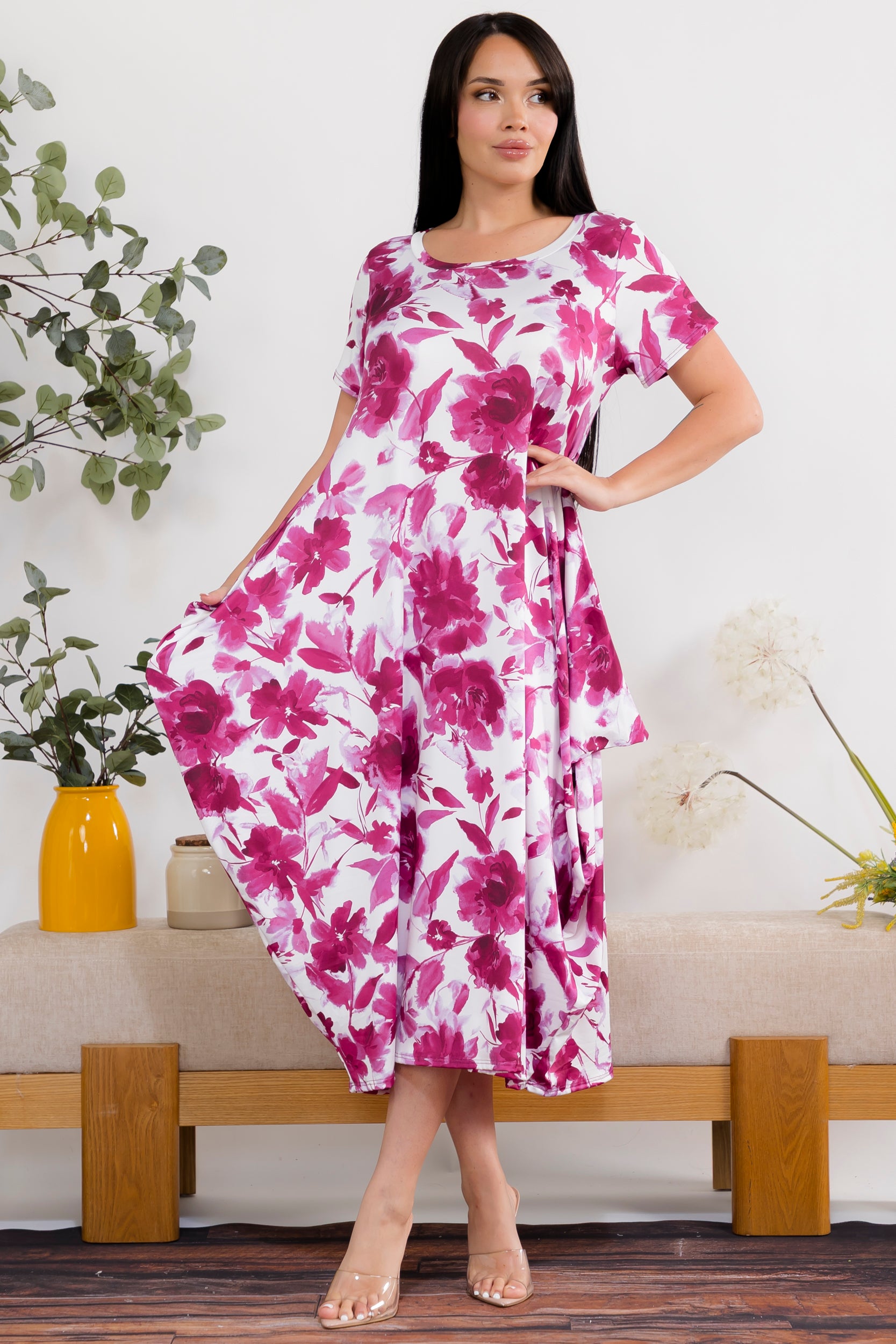 SAN151BR-P9 Flower Print Relaxed Midi Dress