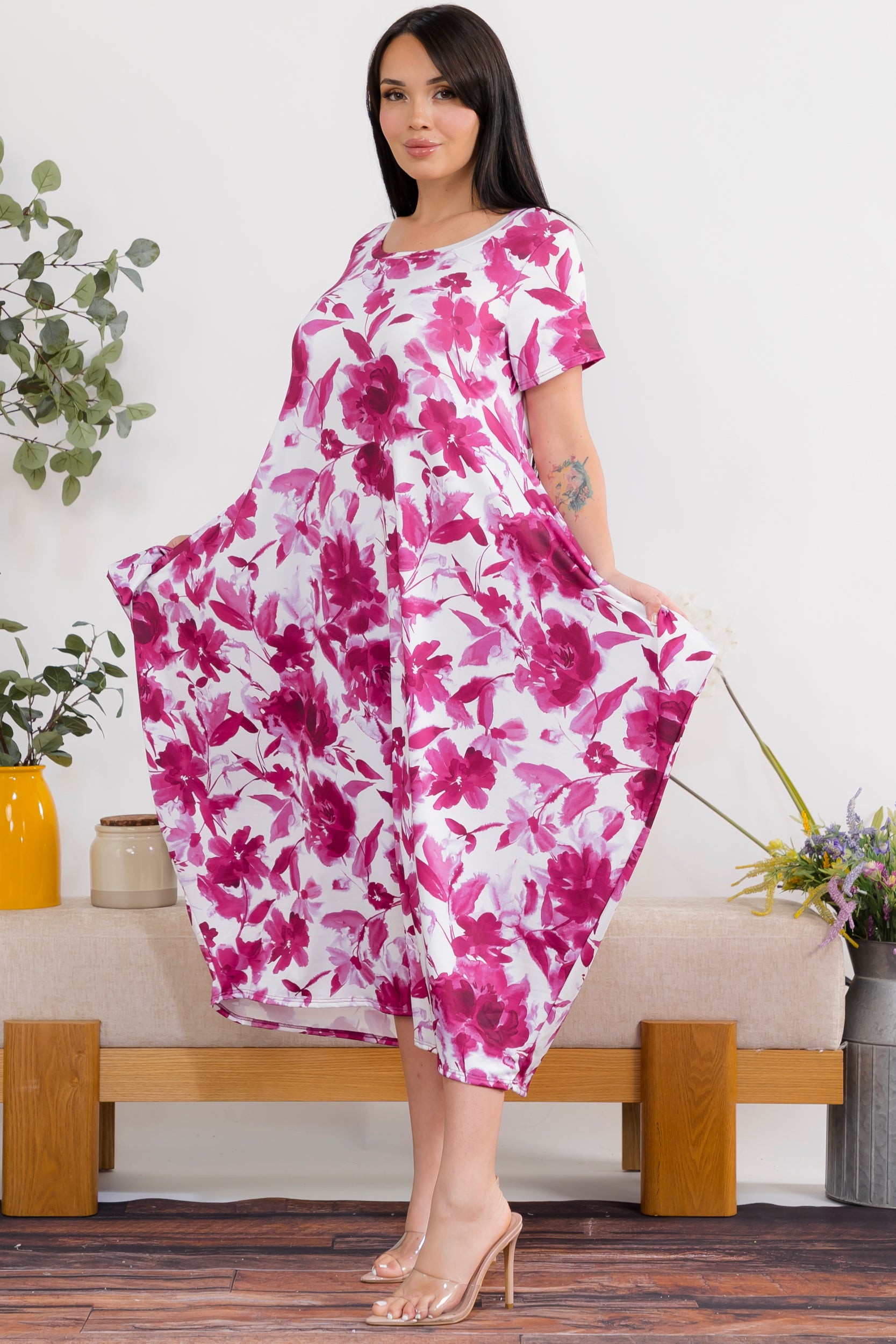 SAN151BR-P9 Flower Print Relaxed Midi Dress