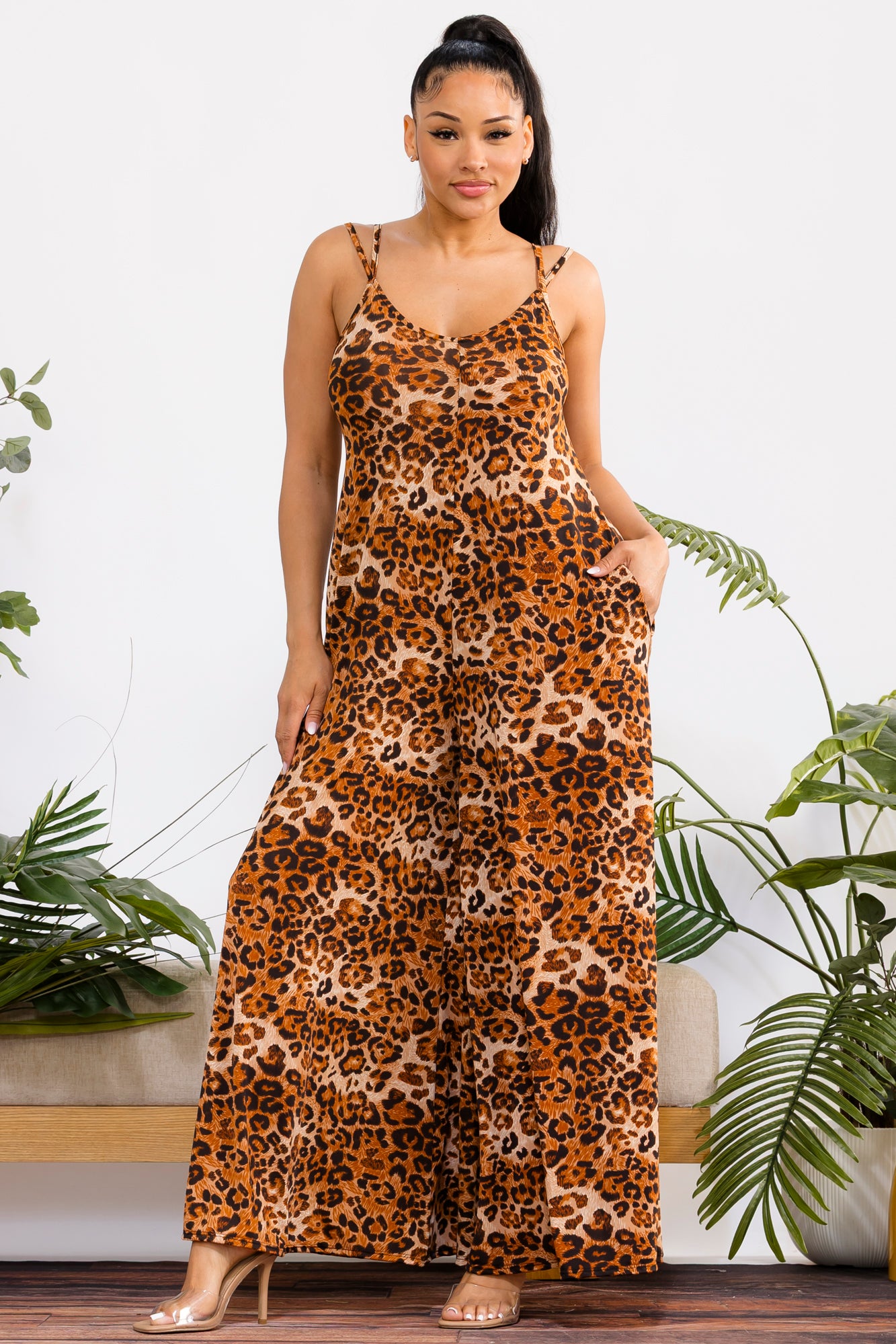HH697X-P - Plus Size Animal Print Sleeveless Wide Leg Jumpsuit