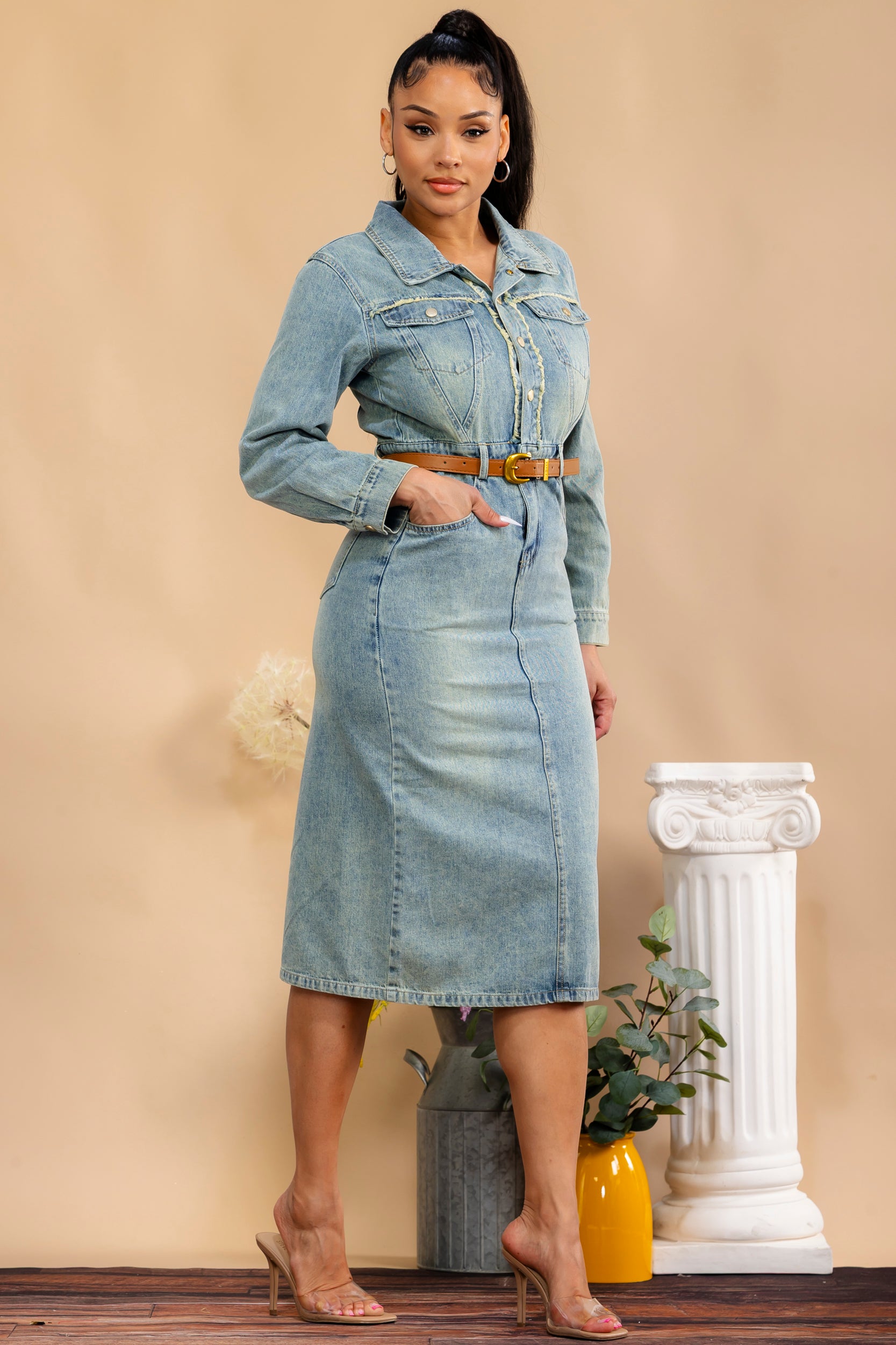 AN49735 - Belted Denim Midi Dress