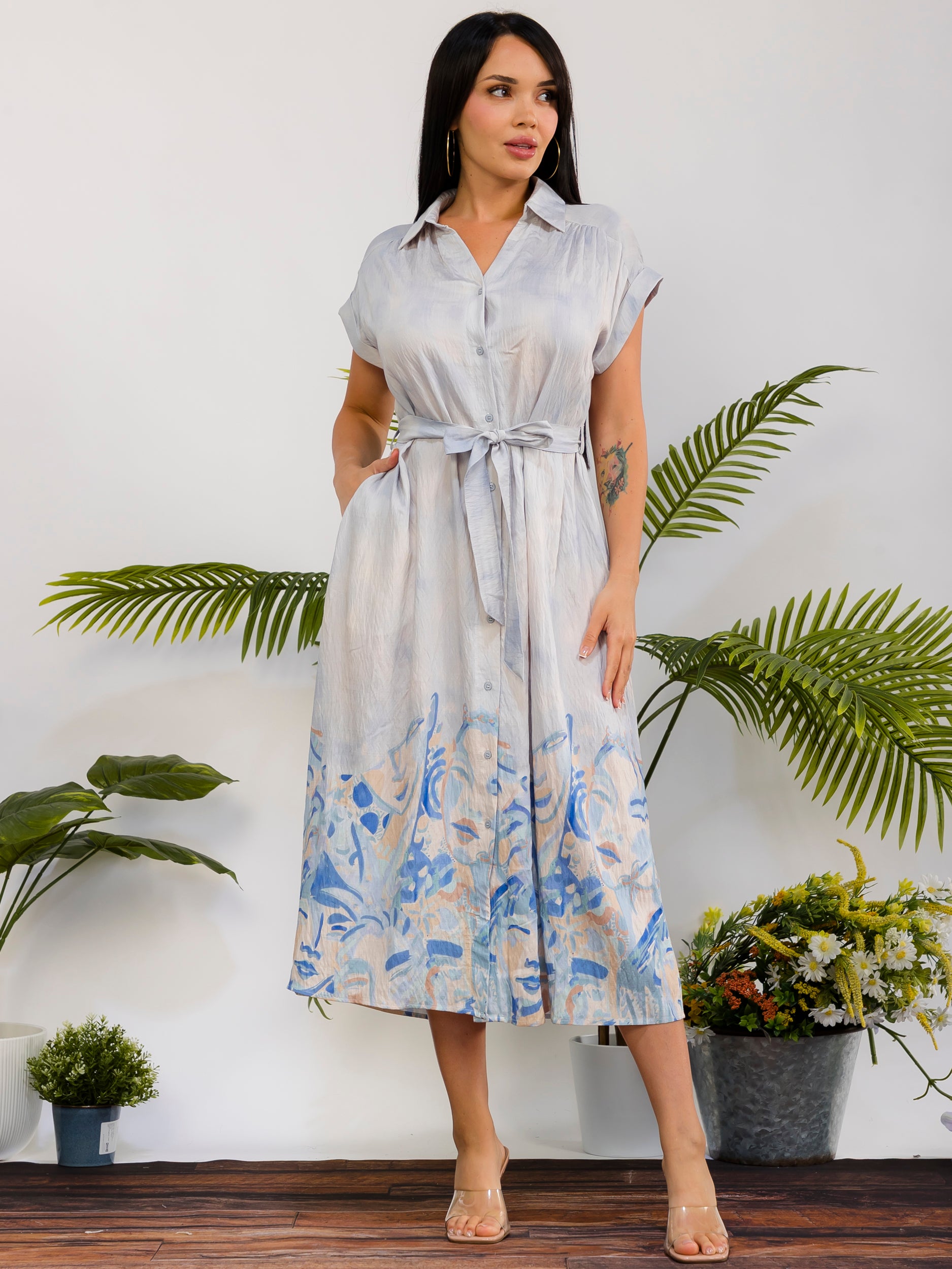 RD617-X - Plus Size Monroe Print Shirt Midi Dress