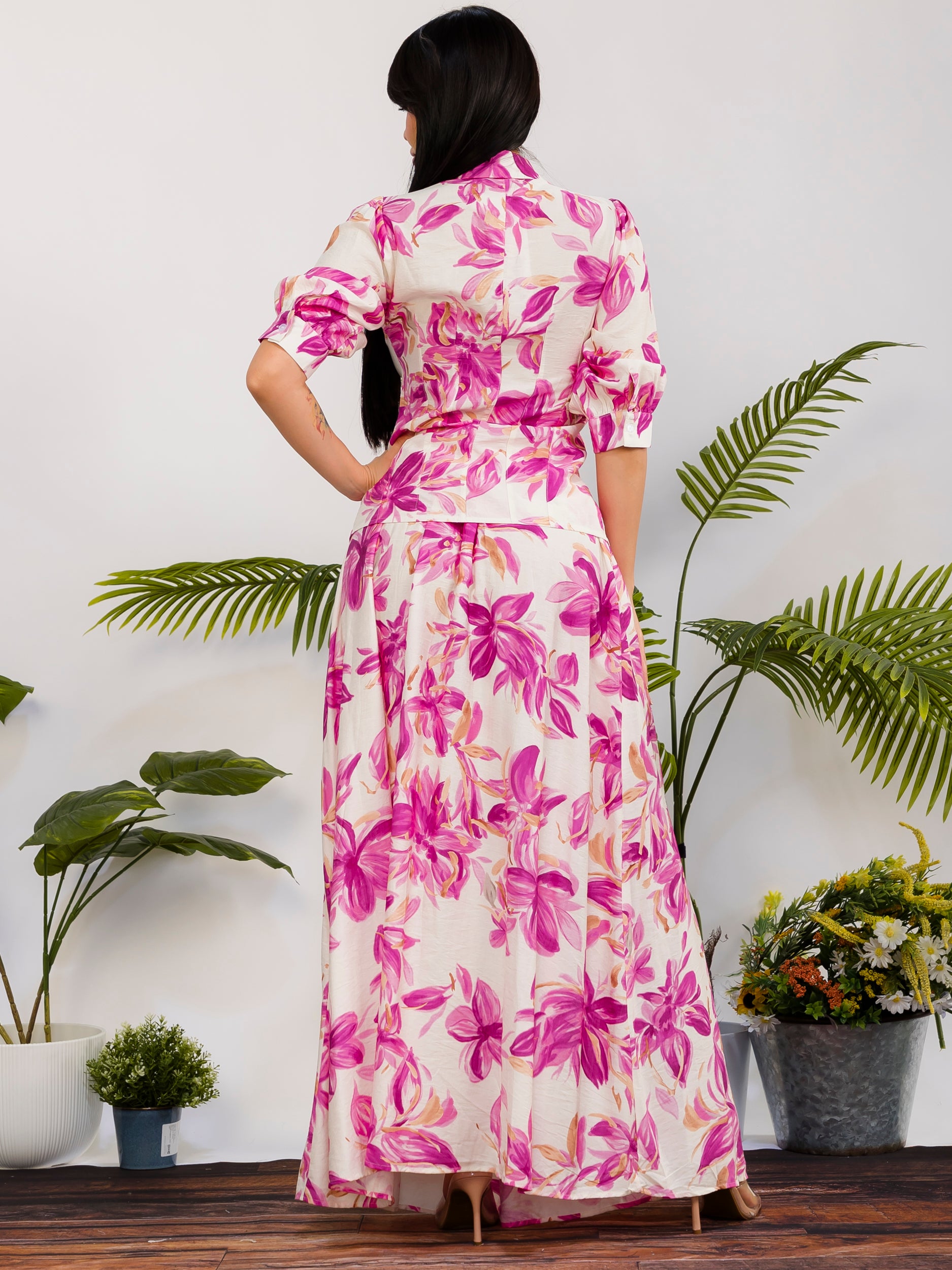 RS616-R - Floral Print Button Front Maxi Skirt Set