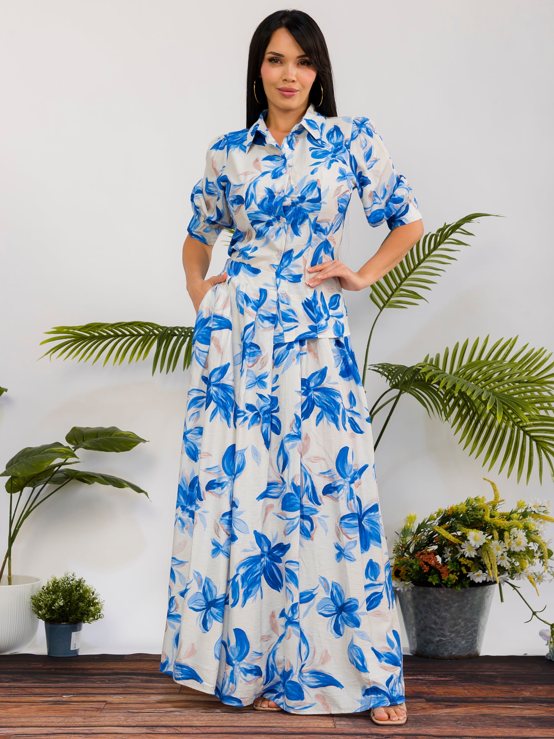 RS616-R - Floral Print Button Front Maxi Skirt Set