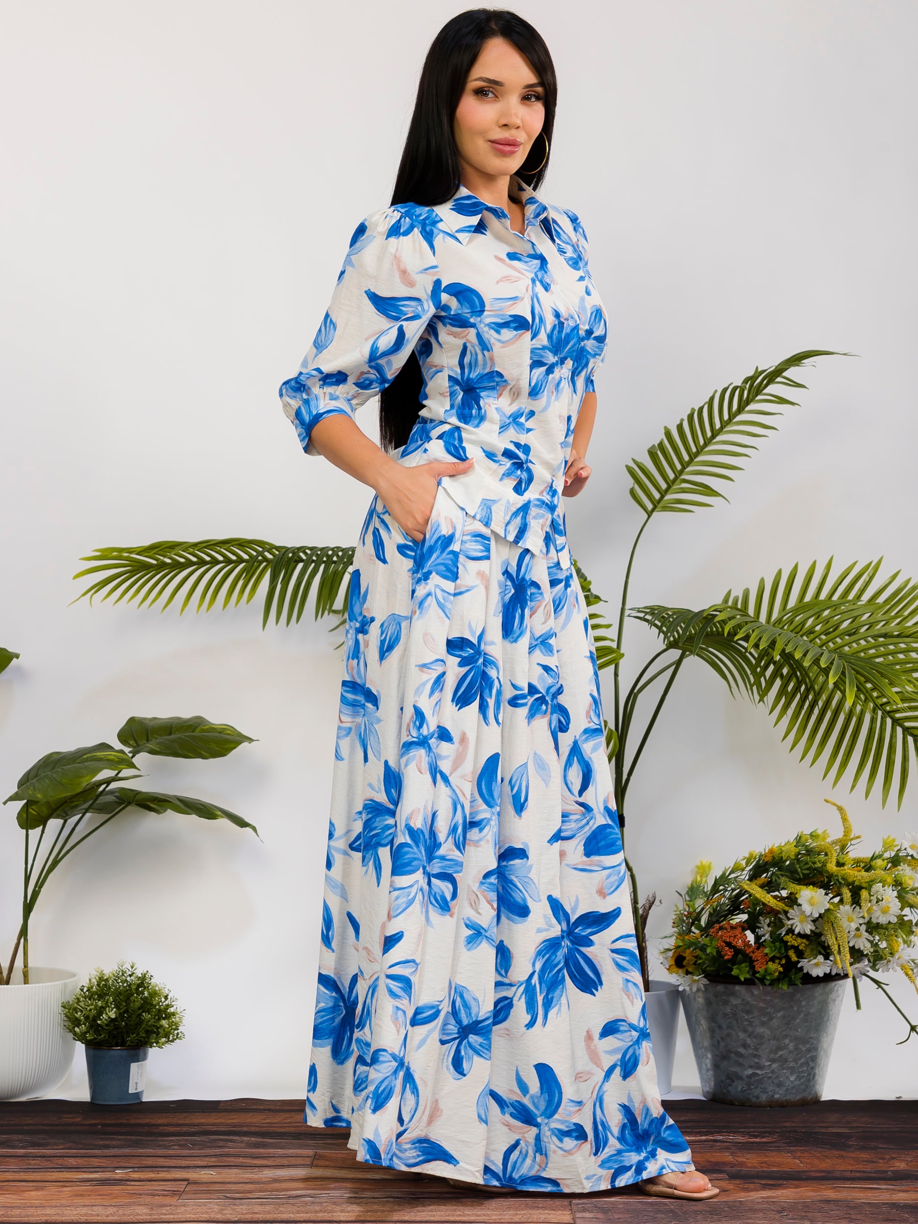 RS616-R - Floral Print Button Front Maxi Skirt Set