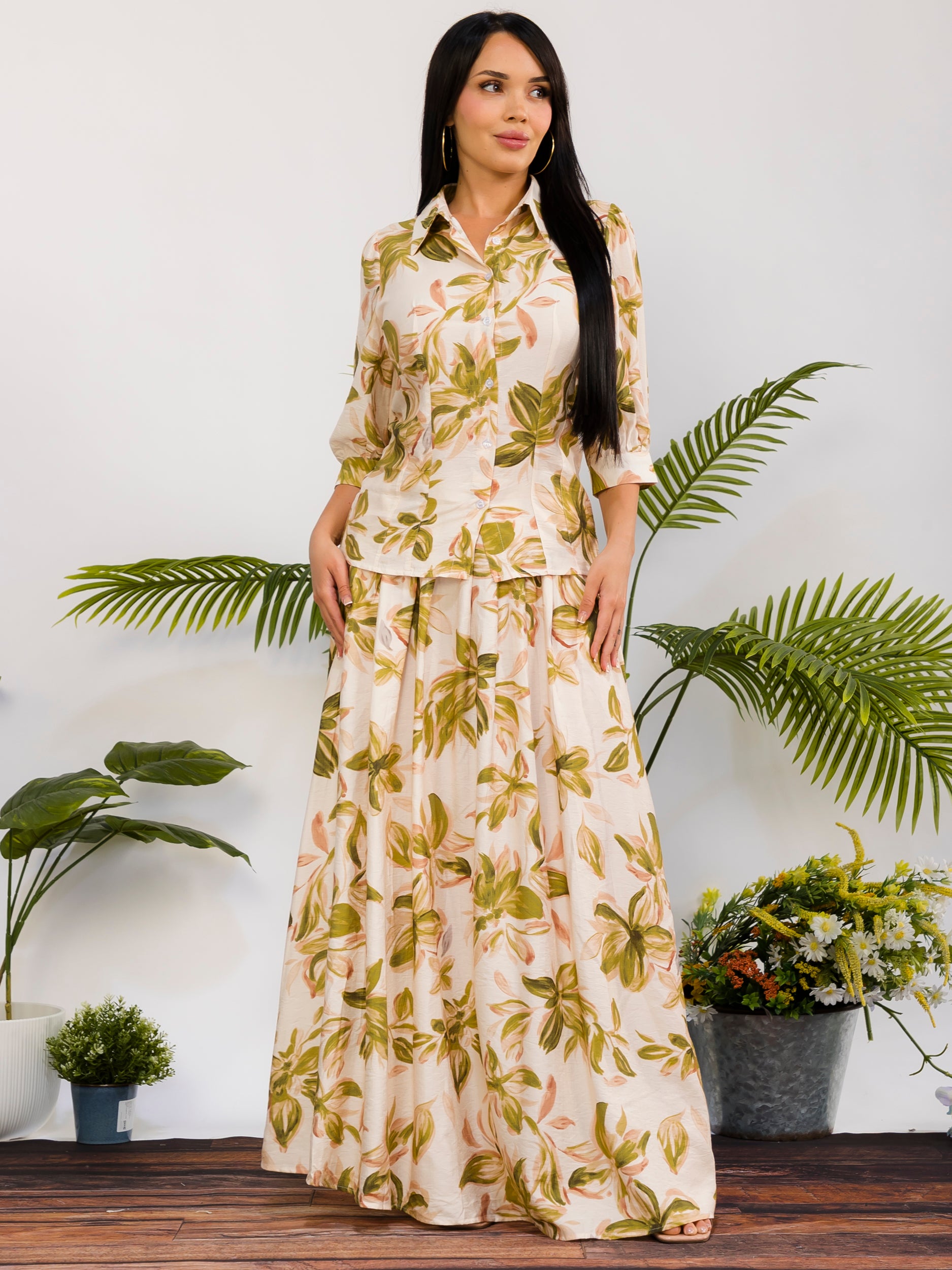 RS616-R - Floral Print Button Front Maxi Skirt Set