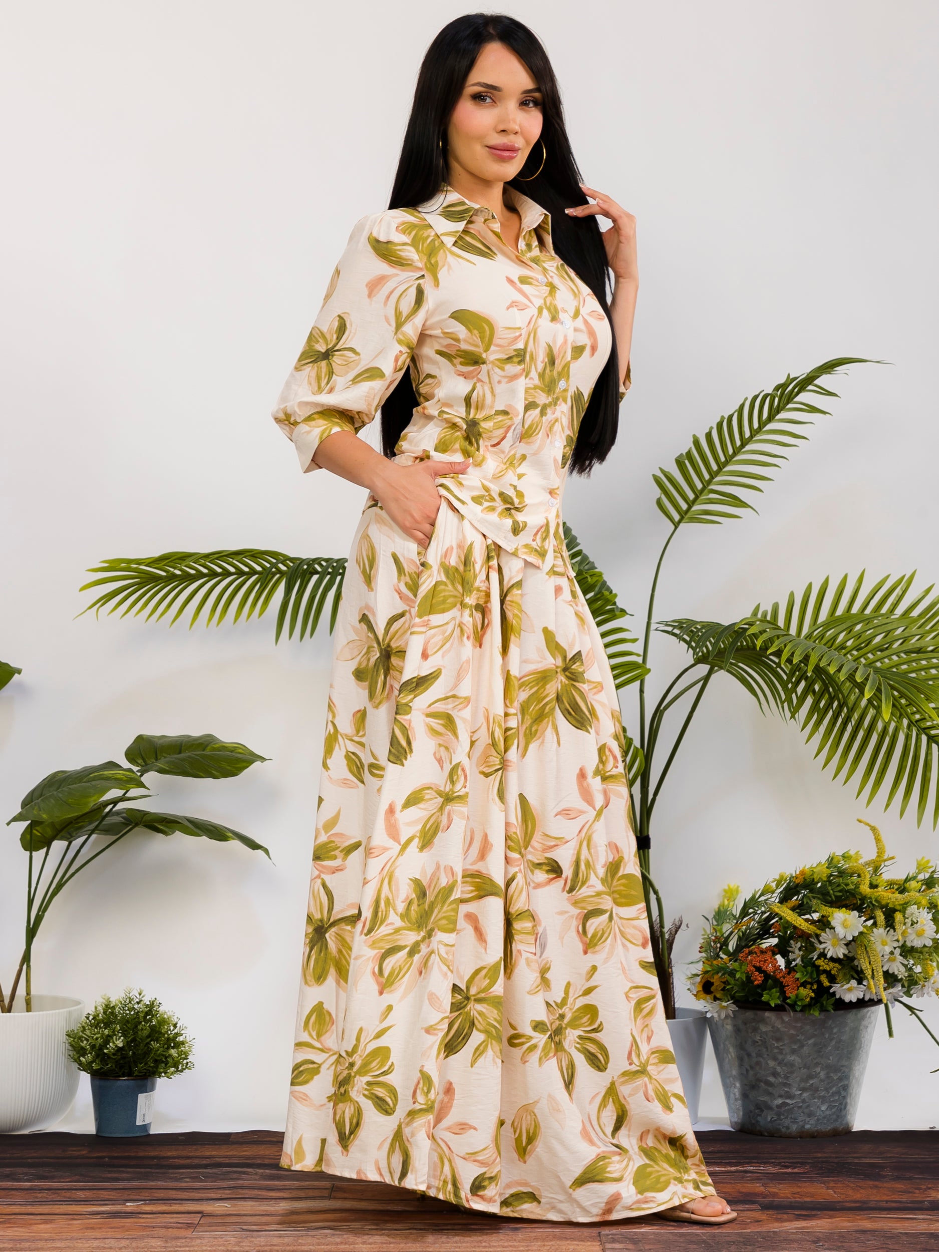 RS616-R - Floral Print Button Front Maxi Skirt Set