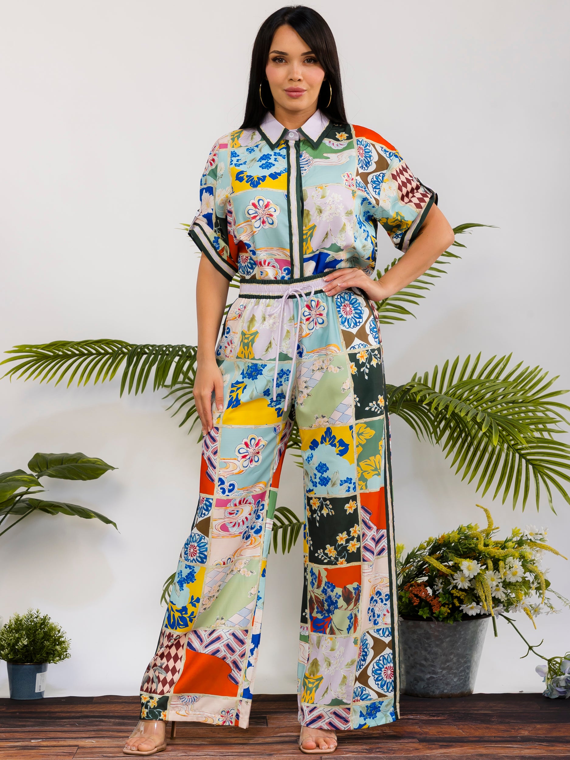 DS817-R - Patchwork Print Wide Leg Pant Set