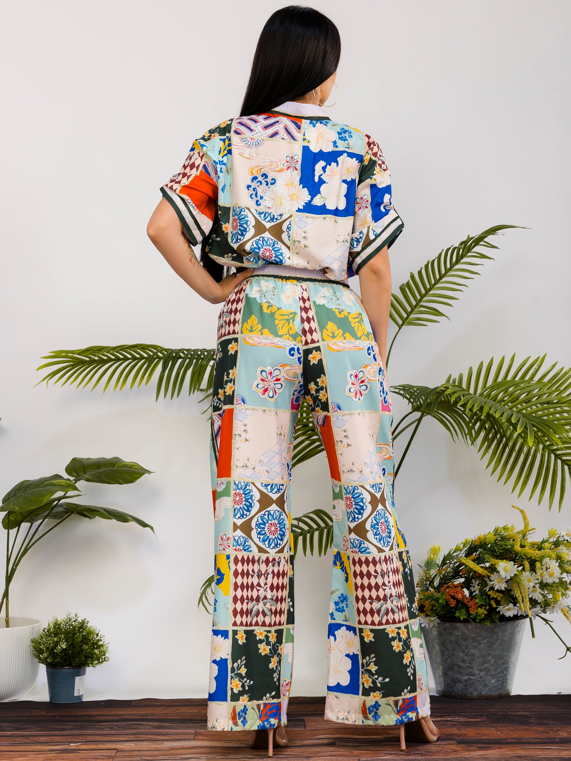 DS817-X - Plus Size Patchwork Print Wide Leg Pant Set