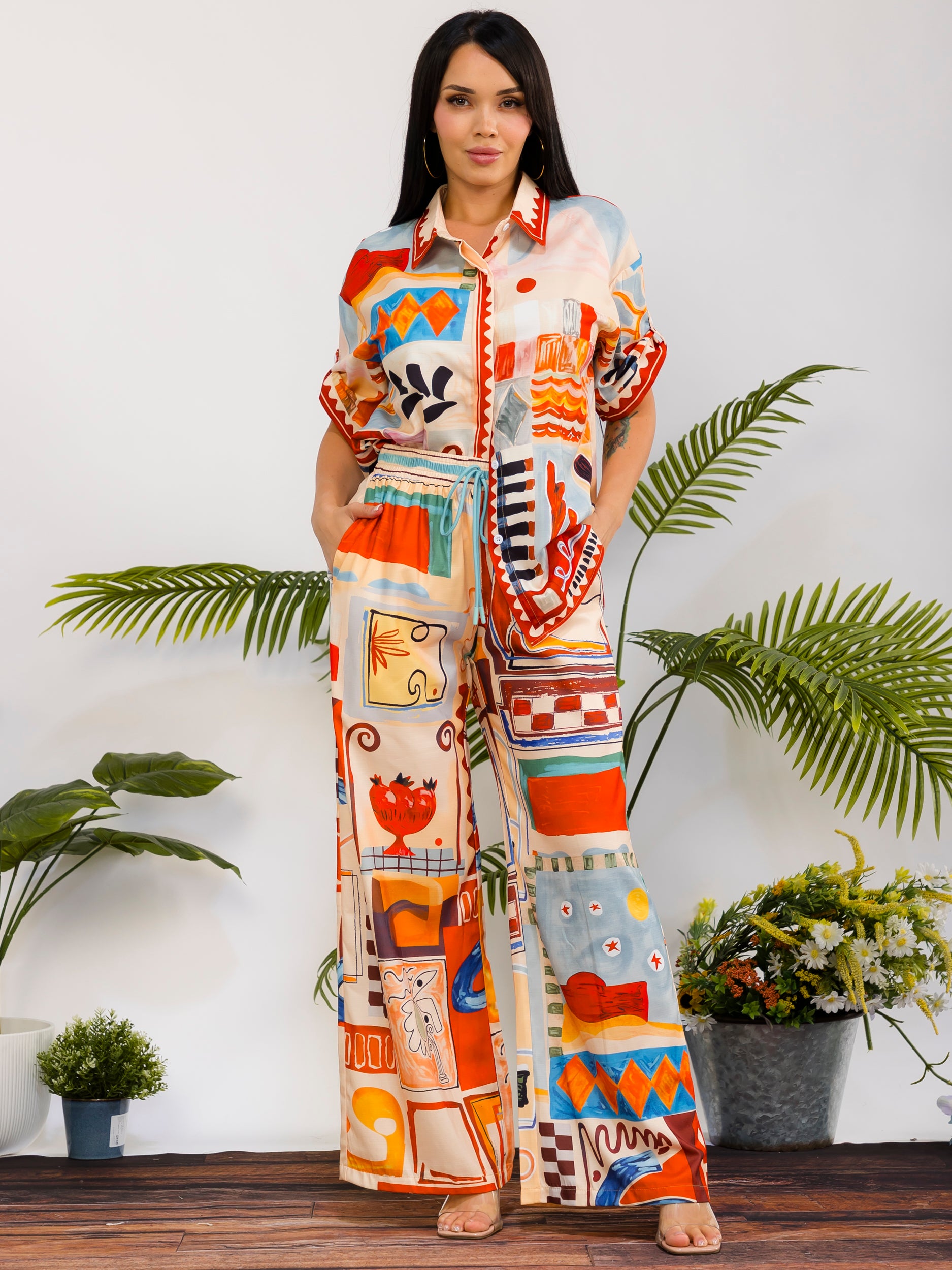 DS817-R - Patchwork Print Wide Leg Pant Set