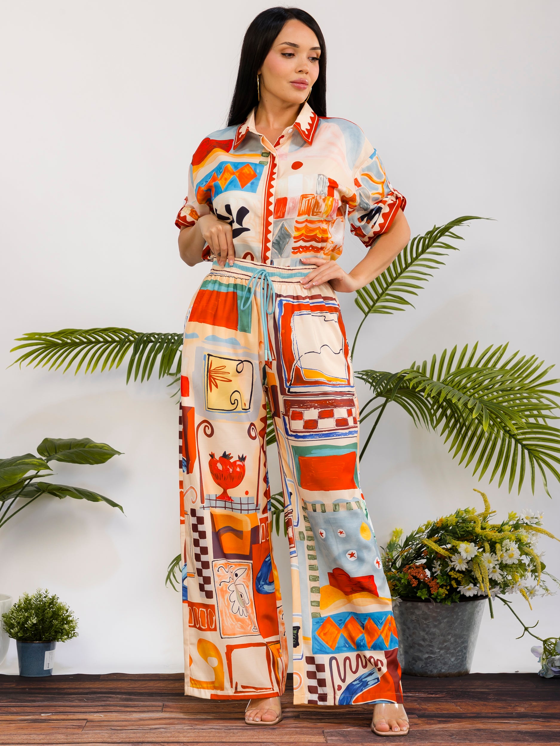 DS817-R - Patchwork Print Wide Leg Pant Set