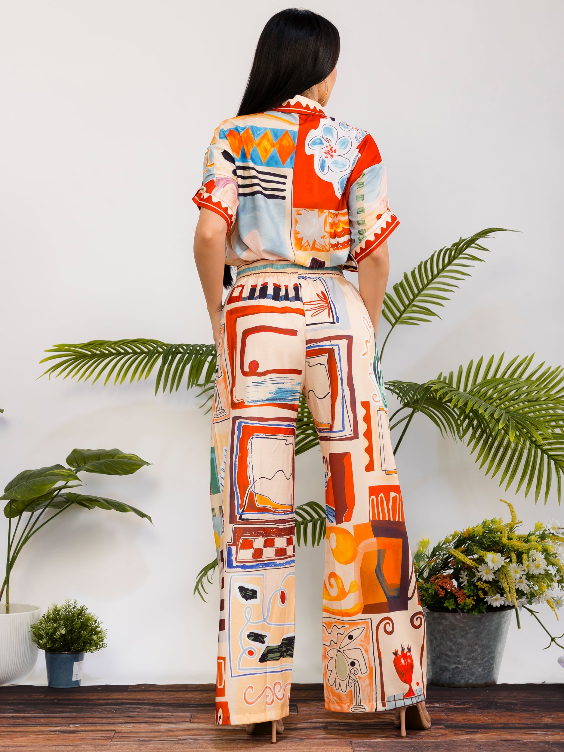DS817-X - Plus Size Patchwork Print Wide Leg Pant Set