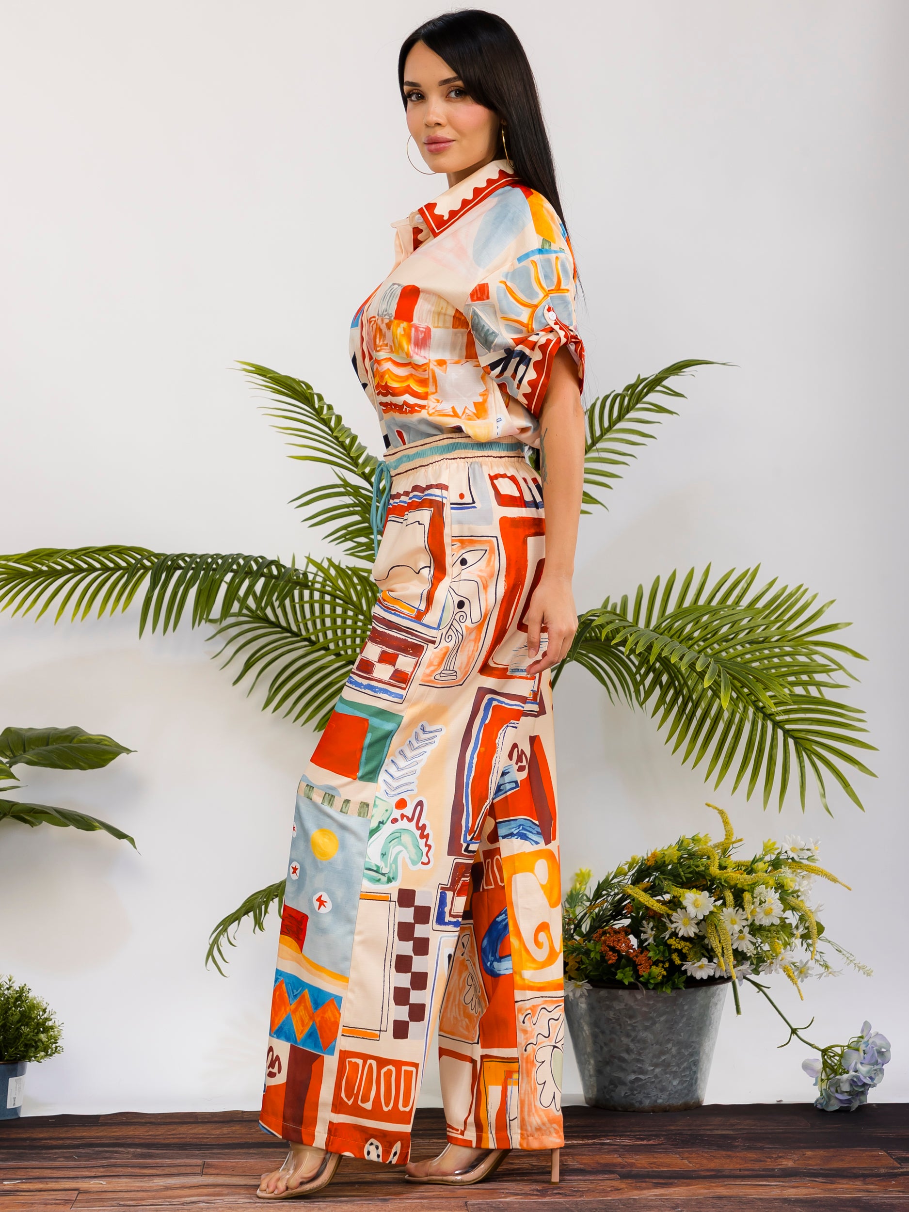 DS817-R - Patchwork Print Wide Leg Pant Set