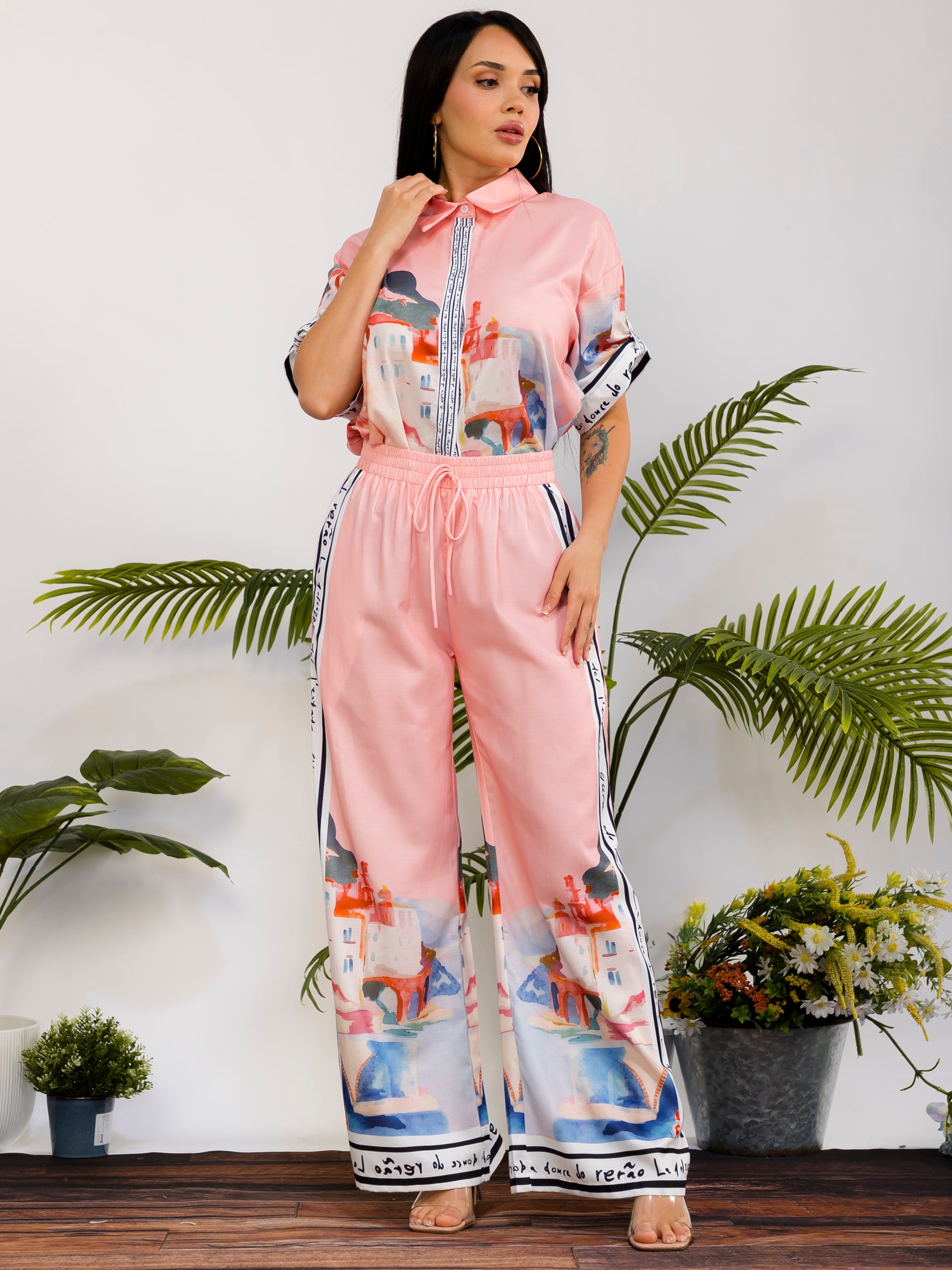 DS817-R - Patchwork Print Wide Leg Pant Set
