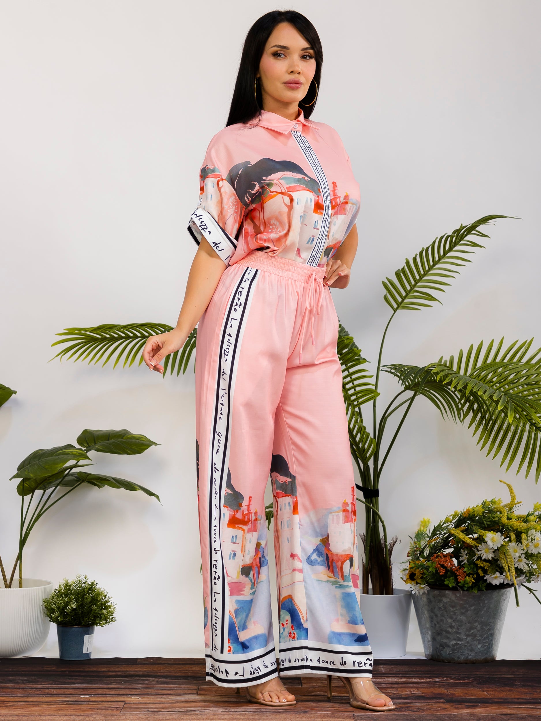 DS817-X - Plus Size Patchwork Print Wide Leg Pant Set