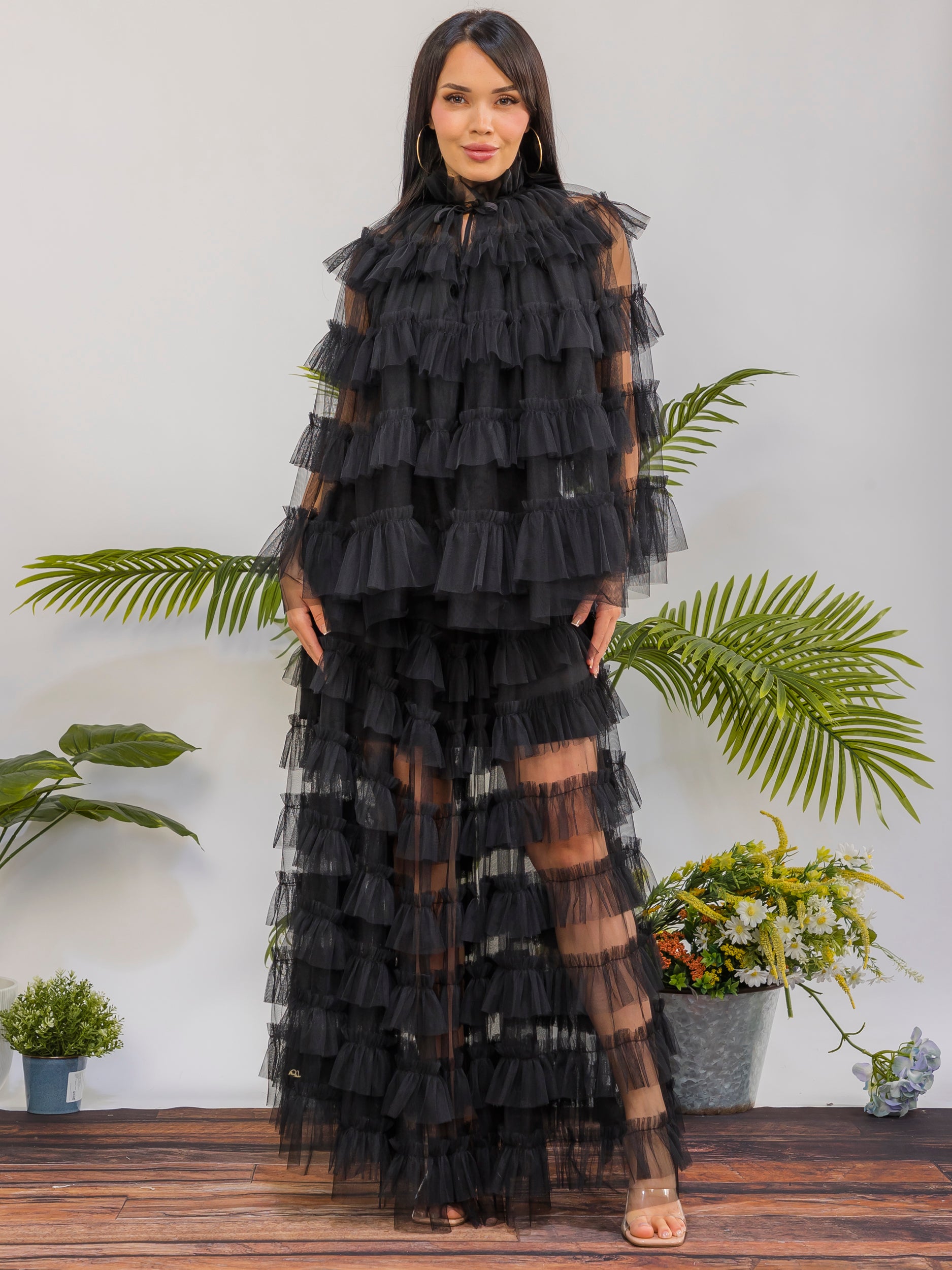 ZB133-R - 3-Piece Layered Tulle Ruffle Maxi Set