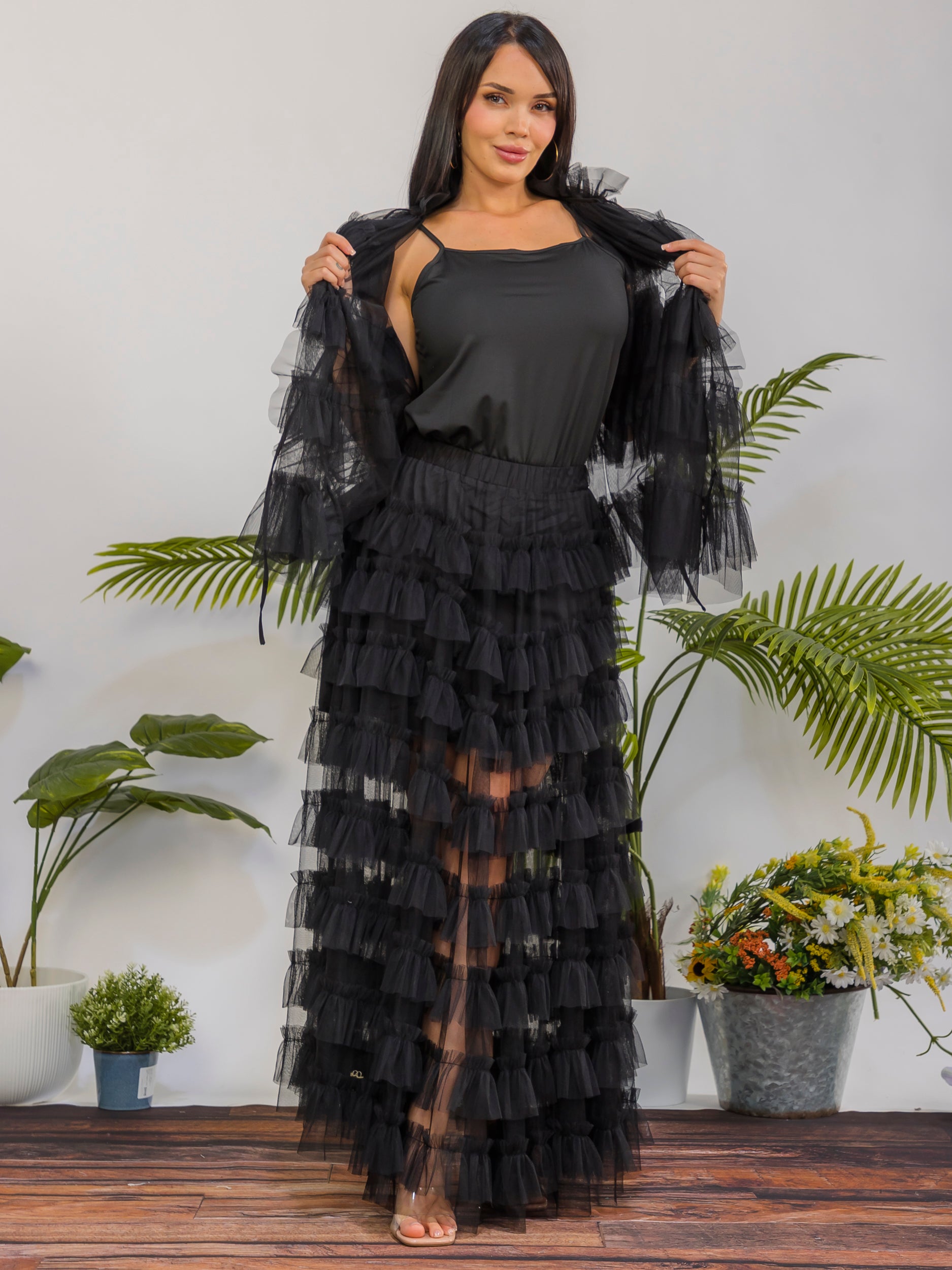ZB133-R - 3-Piece Layered Tulle Ruffle Maxi Set