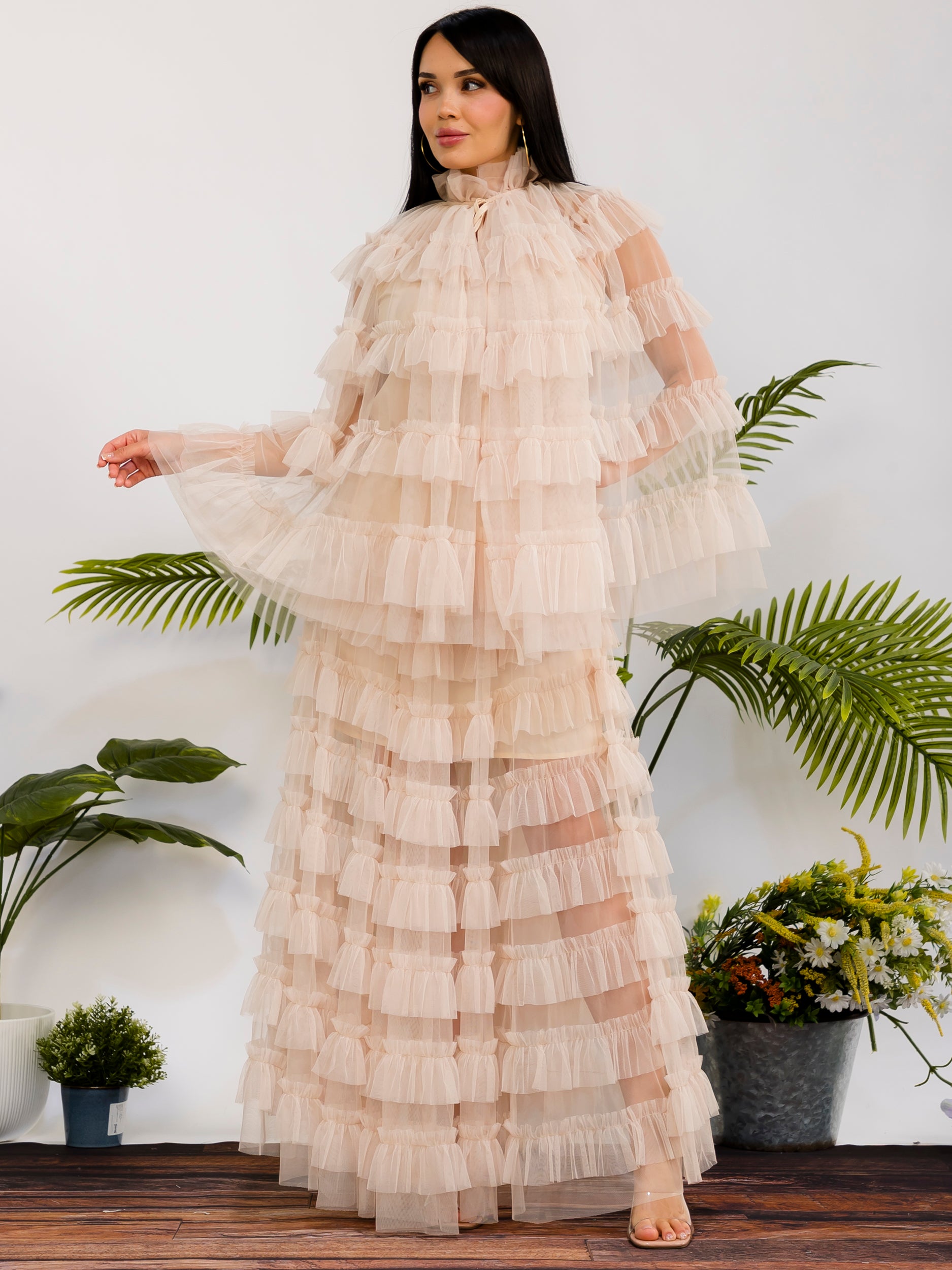 ZB133-R - 3-Piece Layered Tulle Ruffle Maxi Set