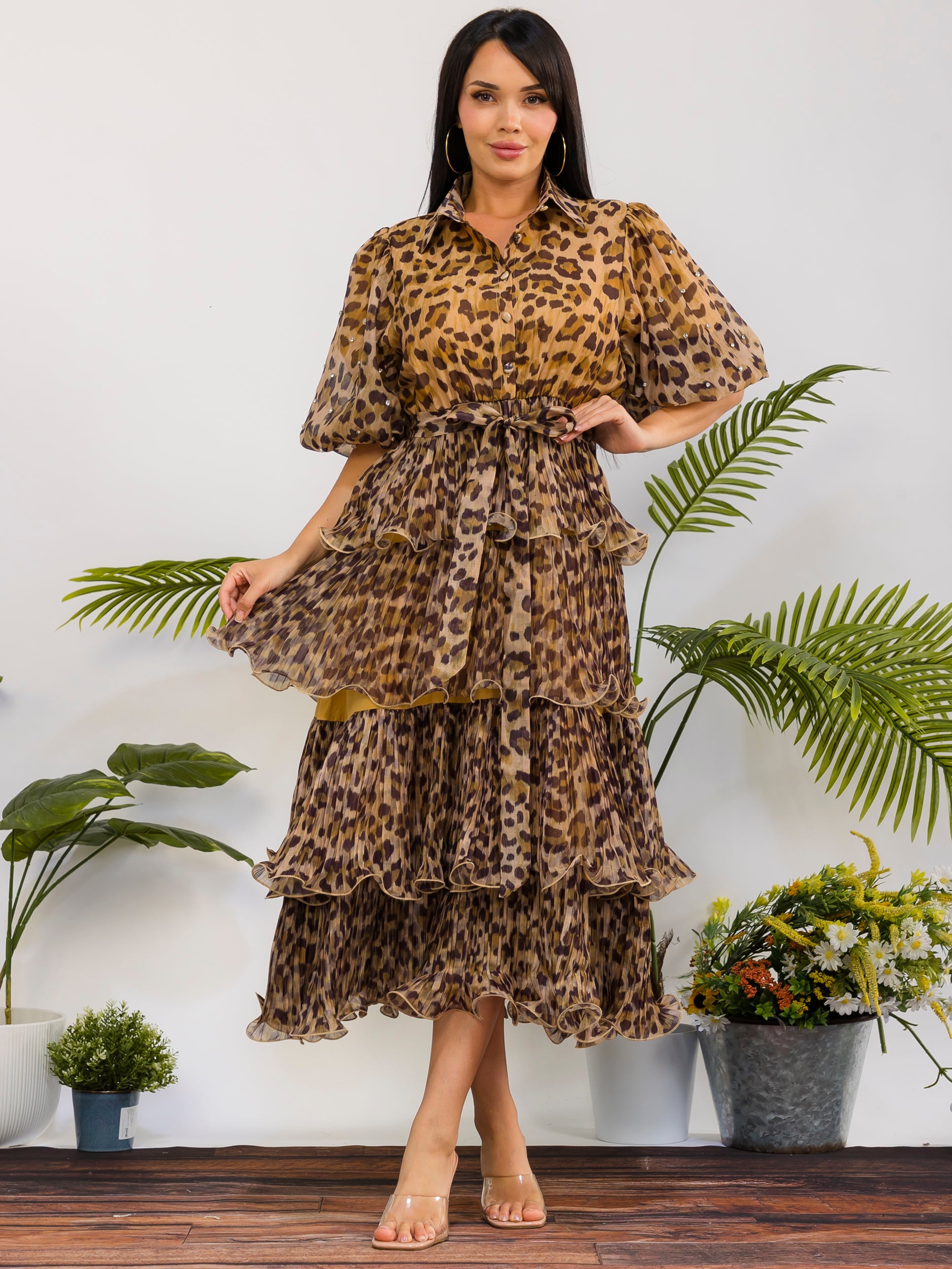 ZB128P-R - Leopard Tiered Midi Dress