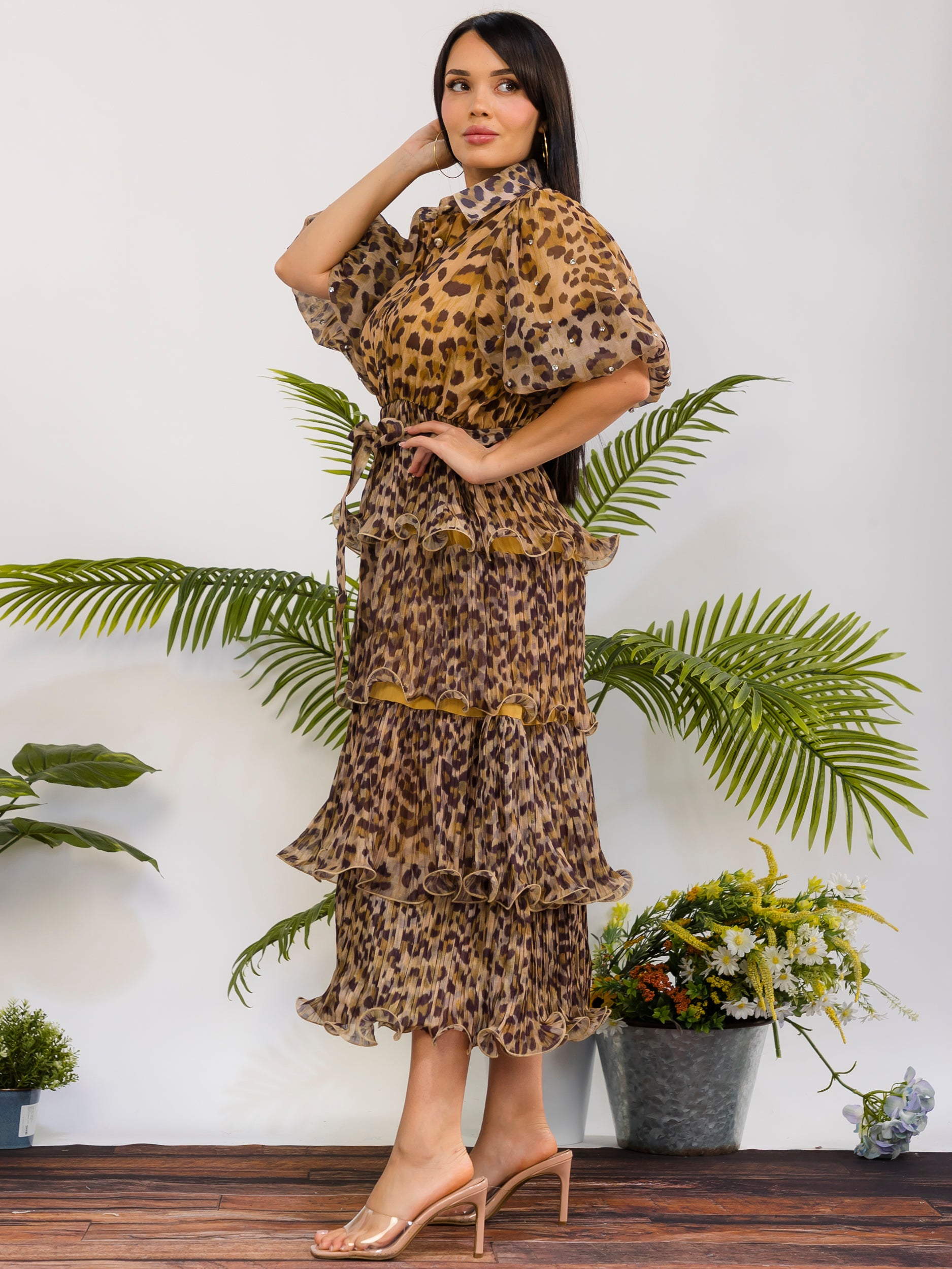 ZB128P-X - Plus Size Leopard Tiered Midi Dress