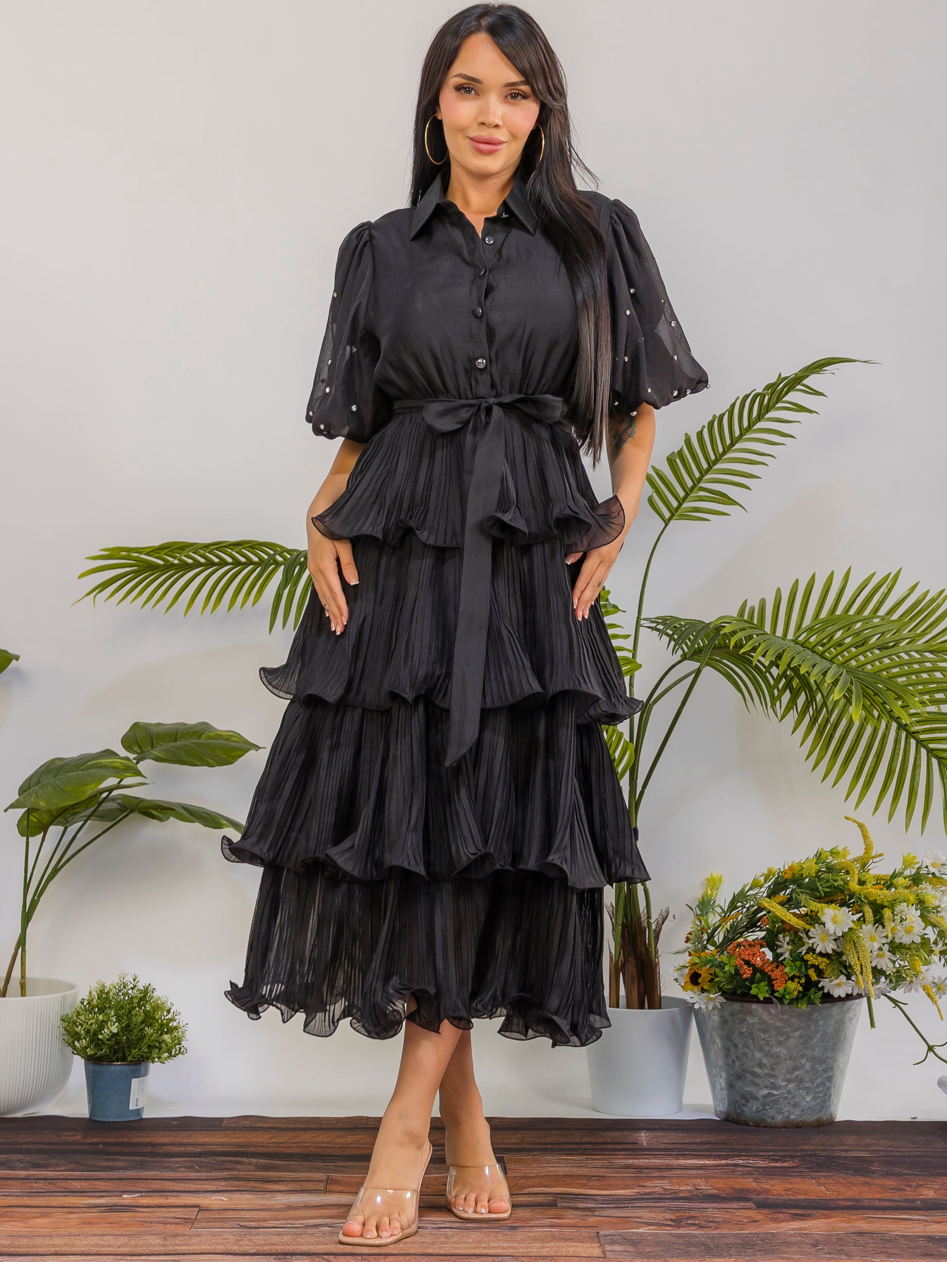 ZB128S-R - Tiered Pleated Midi Dress